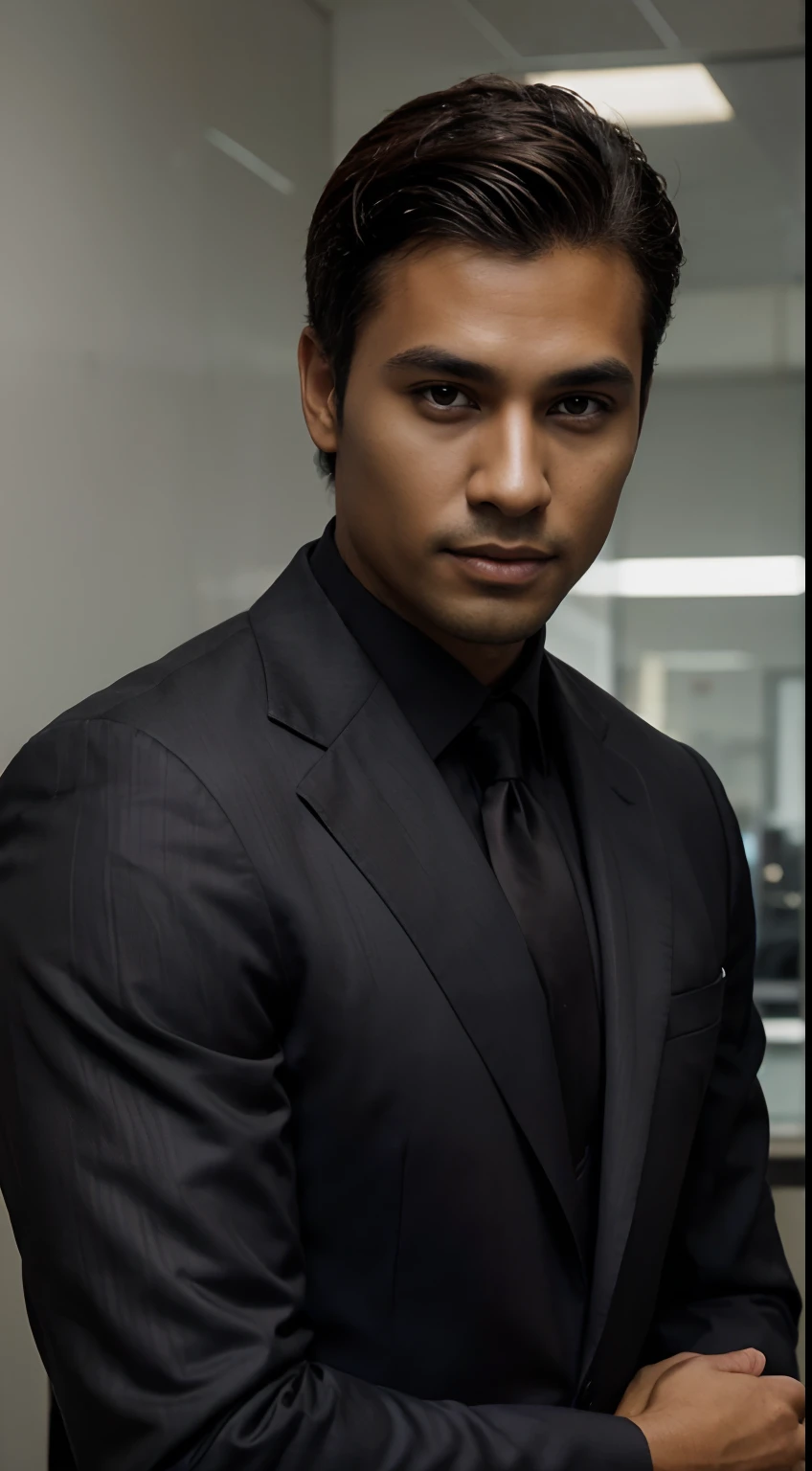 Image of a handsome businessman with a well-dressed tanned complexion with a somewhat dark bacground.