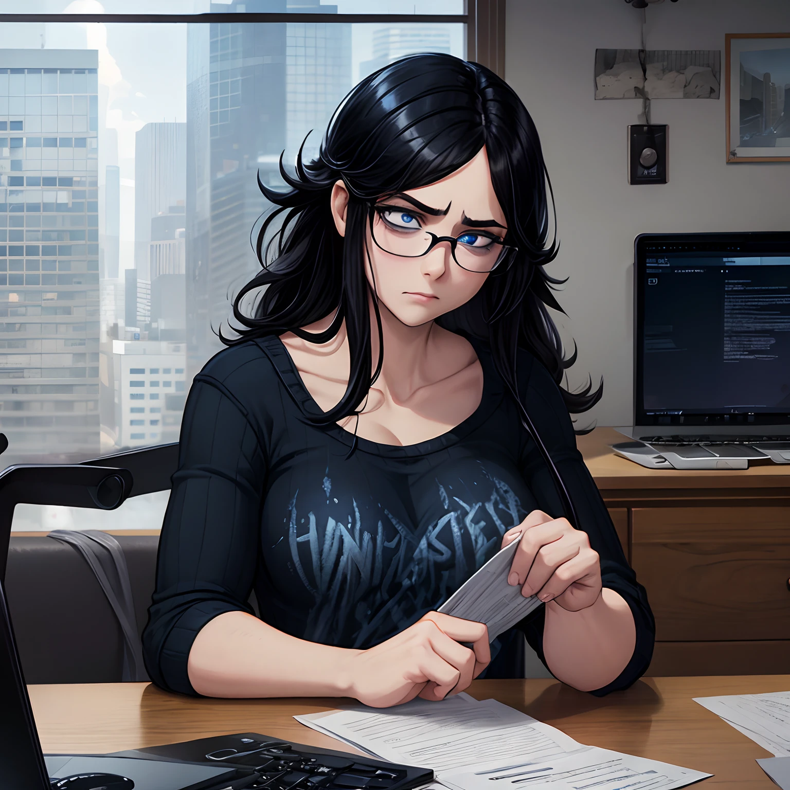 volumetric lighting, ambient lighting, highres, masterpiece, 8k, (dark blue eyes with dark circles), tired, melancholy, depressed, detailed black hair, (messy hair), long greasy hair, disheveled, unwashed, thick eyebrows, worn dirty camisole, (wearing glasses), rainy window in background, laptop computer, multiple tangled black electrical cables, led lights, plushie, nighttime