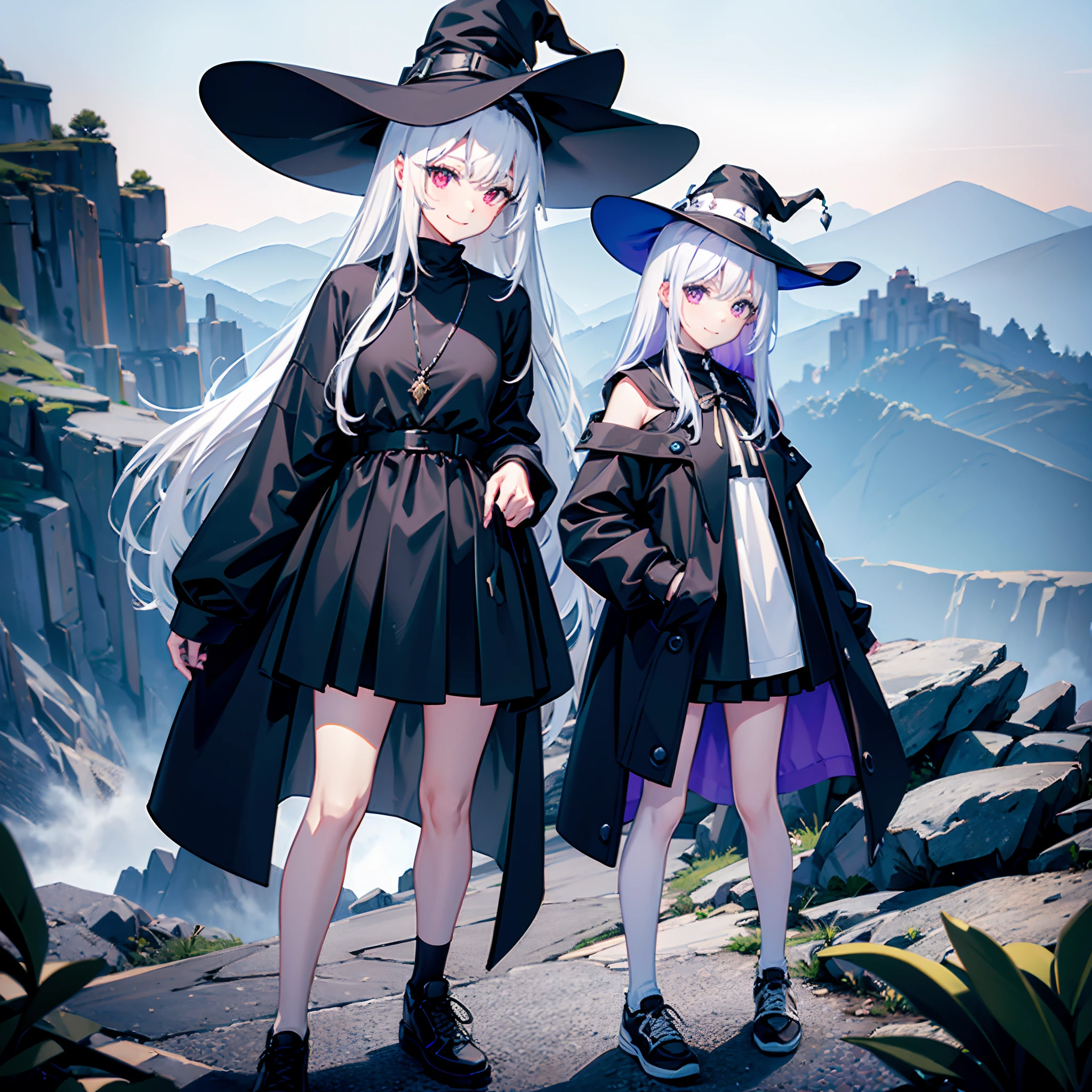 A mystical otherworldly half-timber town、Standing Girl、Black coat、white  t-shirt、a black skirt、beautiful thigh、Beautiful calves、White bob hair with  blue-purple mesh、Looking at me with a smile、Black sneakers with white  shoelaces、Large witch hat ...