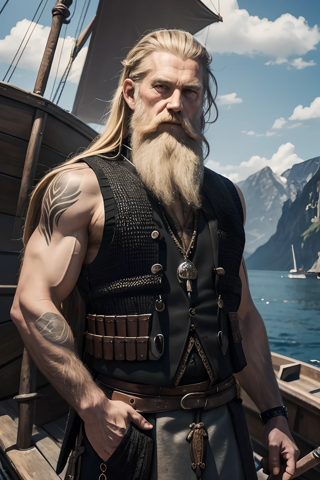 one male person, very old, male, long beard, long blonde hair, tatoos, black vest, background vikings boat, clothing from the middle ages