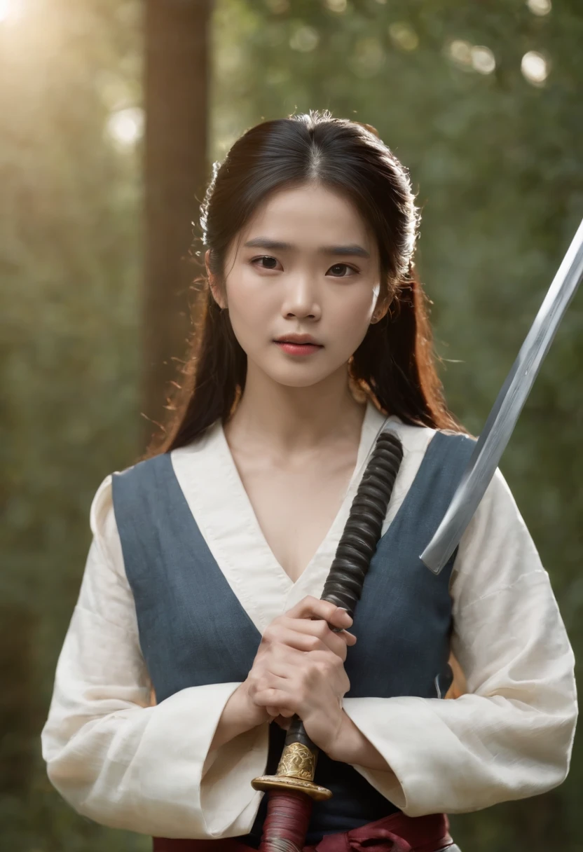 UHD, 8k, Here's a woman kneeling with a sword in her hand, desembainhando sua katana, she is holding a katana sword, com espada grande, posando com uma espada, she is holding a sword, long sword in her hand, segurando uma espada em seu ombro, Katana Chainsaw Sword, IU Lee Ji-eun