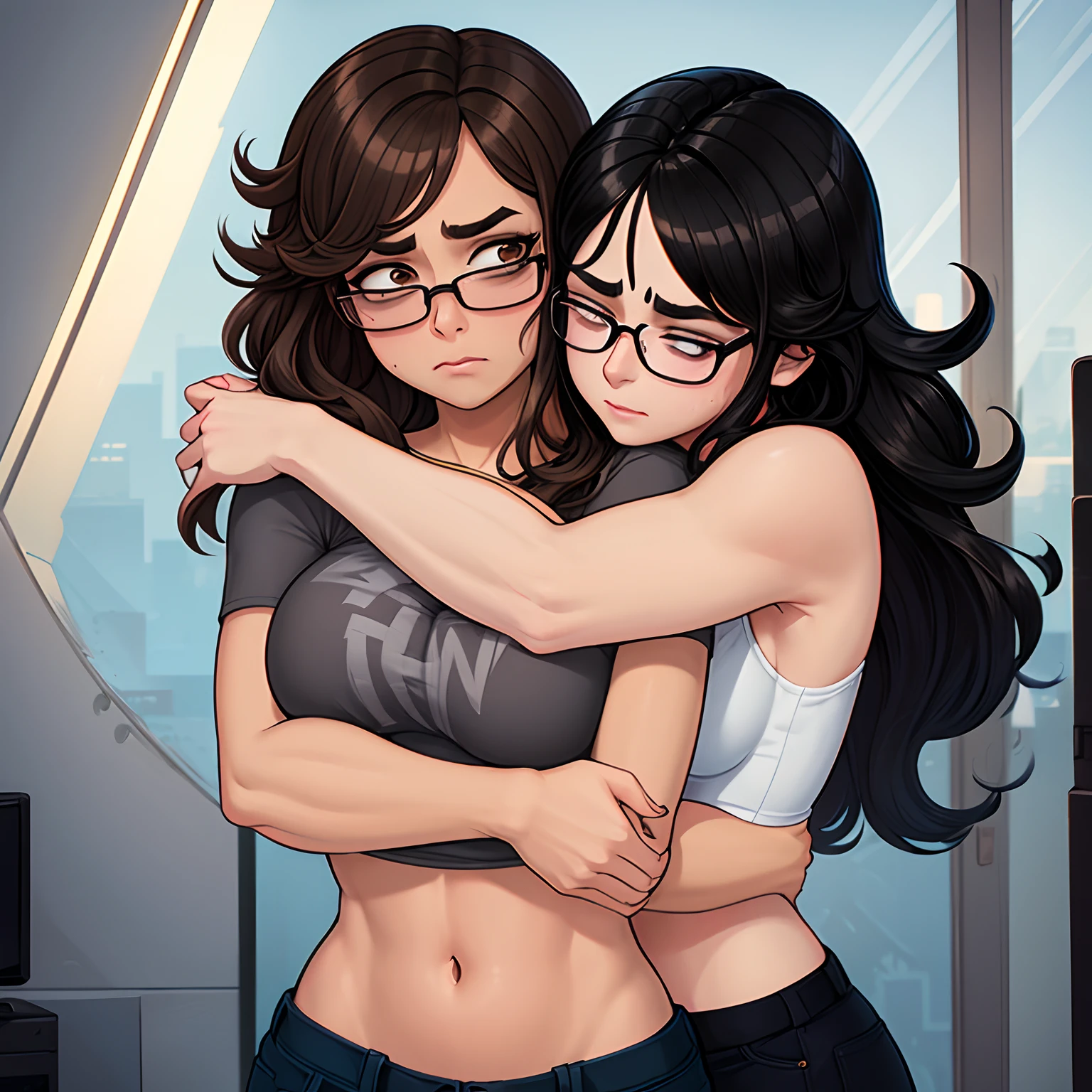 volumetric lighting, ambient lighting, highres, masterpiece, 8k, sad, detailed dark hair, (messy hair), long greasy hair, disheveled, unwashed, thick eyebrows, worn dirty camisole, midriff, (wearing glasses), (hugging), loving embrace, lovers