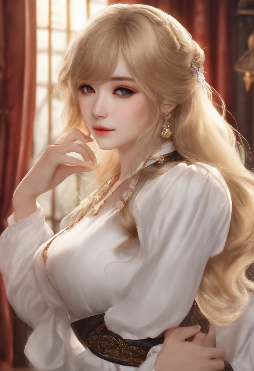 A hyper-realistic), (illustratio), (hight resolution), (8K), (ighly detailed), (The best illustrations), (beatiful detailed eyes), (top-quality), (ultra-detailliert), (​masterpiece), (wall-paper), (详细的脸), natta、Upper body close-up,fortune teller,Blonde shorthair,独奏,Girl in a braless shirt, japanes, huge tit,