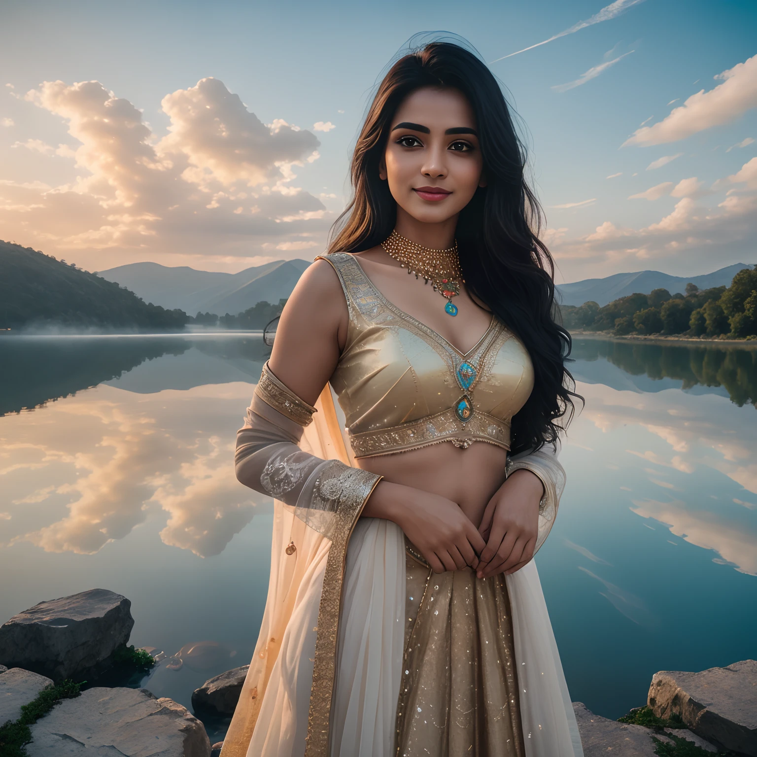 indian mature girl indain women, mature indian ,Masterpiece, (((full figure ))) entire body in frame, (((magical lighting action shot))) (((beautiful fit cute smiling woman standing on marble surrounded by clouds in heaven vast floating lakes rivers waterfalls fantasy landscape))), (((gold lace looking into the camera))) , ((( accurate hands accurate eyes))) moody lighting, blue hour, blue colors, very detailed, dramatic light, 8k HD high definition detailed realistic, detailed, skin texture, hyper detailed, realistic skin texture, armature, best quality, ultra high res, (photorealistic:1.4), high resolution, detailed, raw photo, sharp re, nikon d850 film stock photograph 4 kodak portra 400 camera f1.6 lens rich colors hyper realistic lifelike texture dramatic lighting unrealengine ,cinestill 800, (((accurate female anatomy, perfect eyes))) (((500px, fstoppers, photosight.ru, iso noise)))