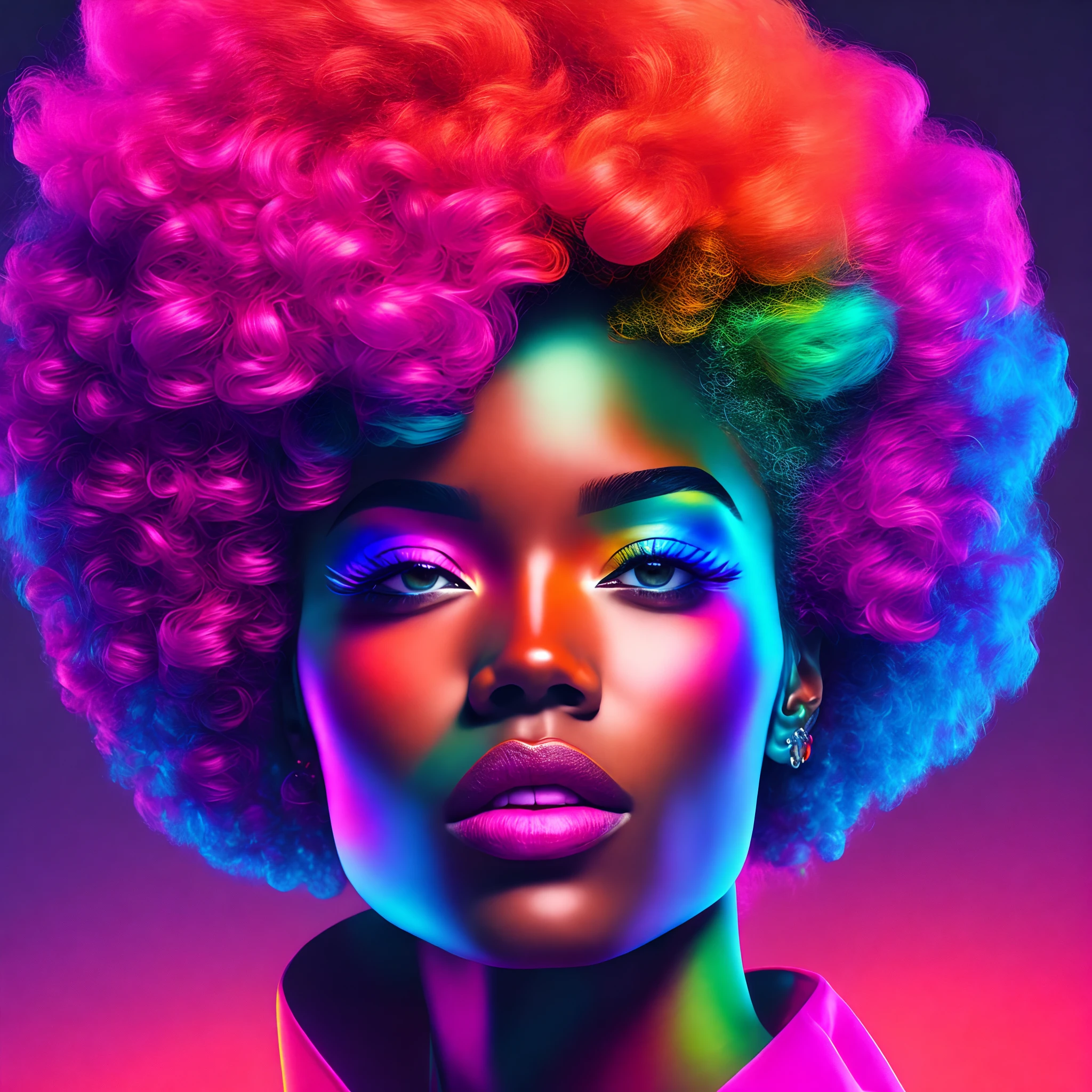 a woman with colorful afro hair and earrings, high colored texture, portrait color glamour, colorized portrait detalhado, neon color bleed, high-quality portrait, colorized portrait, ultraviolet and neon colors, color studio portrait, full-colour illustration, vibrant colors hyper realism, vibrant neon colors, pop and vibrant colors, cor neon, colorful fashion, cyberpunk style color, iridescent illustration