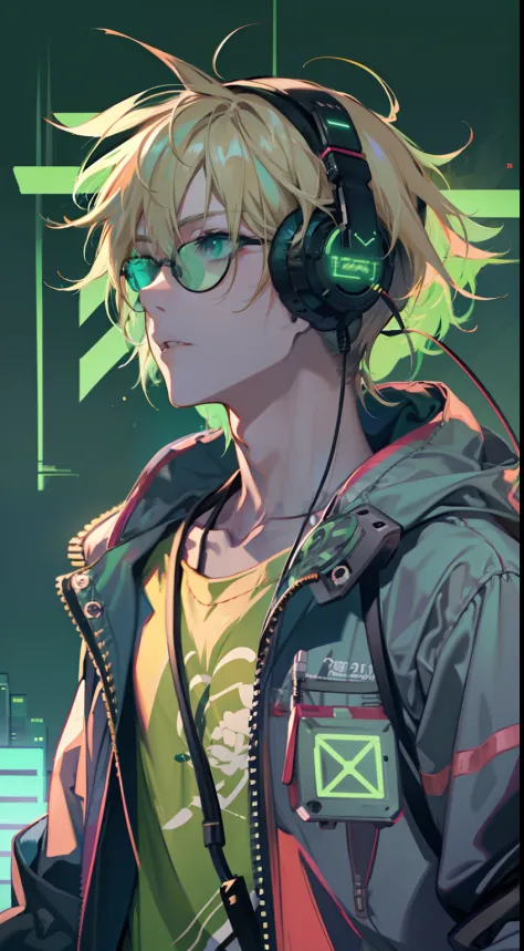 anime 2d boy, gamer, headphone, dark green palette, neon, simple bg, microphones, headphones, streamer, handsome, casual, night,...