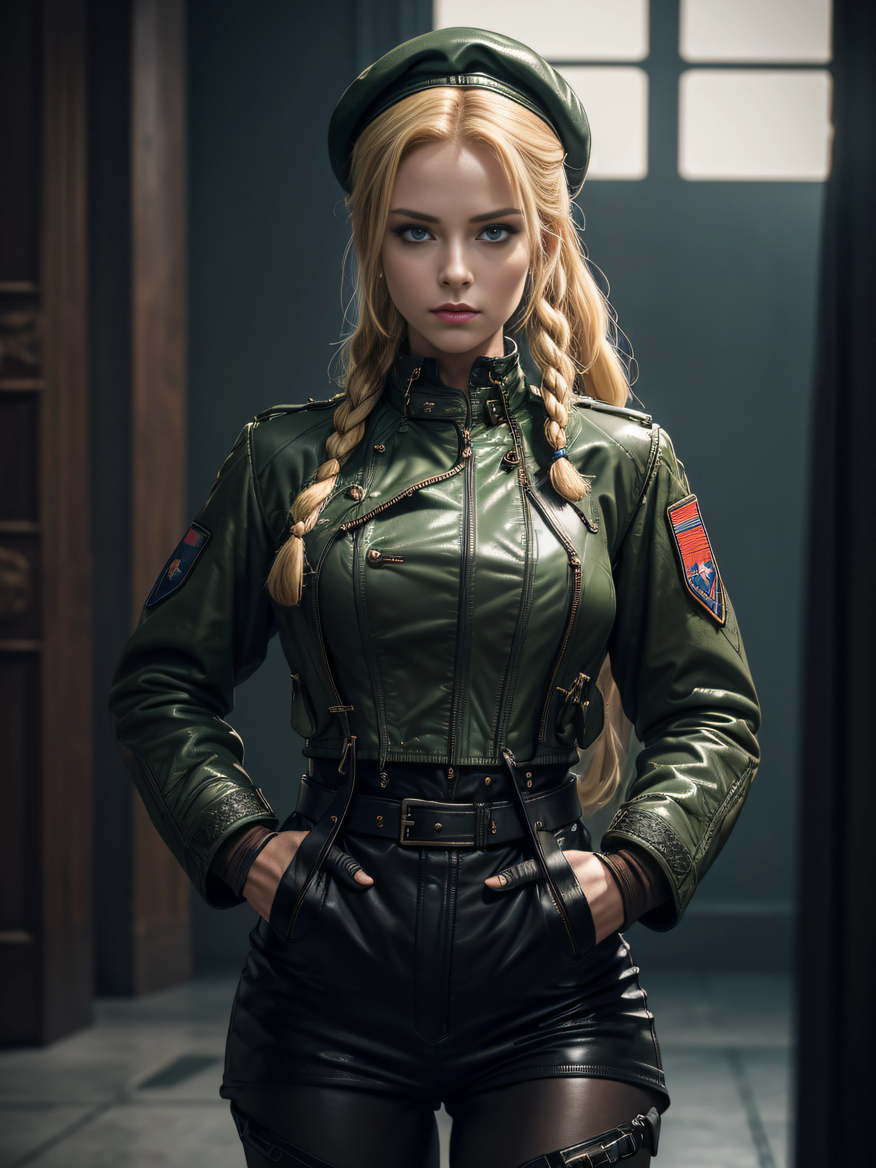 "(exquisitely detailed CG unity 8k wallpaper, masterpiece-quality with stunning realism), (best illumination, best shadow), (best quality), (elegant and demonic style:1.2), Arti modern anime. angled view, heroic pose, closeup full body portrait of stunningly beautiful cammy from street fighter, Masterpiece, best quality, highres, mature Cammy white, twin braids, long hair, blonde hair, antenna hair, beret, (red headwear:1), blue eyes, scar on cheek, green military croptop, green military shorts, red gloves, fingerless gloves, camouflage, (fully clothed:1), abs, depth of field blur effect, night, full zoom, action portrait, photorealistic. cinematic lighting, highly detailed. best quality, 4k, Better hand, perfect anatomy, leaning forward, foreshortening effects, coy flirty sexy expression, foreshortening effect, (piercing eyes:0.8), surrounded by an ominous and dark atmosphere, accentuated by dramatic and striking lighting, imbued with a sense of surreal fantasy". wearing laced military boots:1.5), (resting in MI6 headquarters:1) (wearing a British Military jacket:1.5) (mature:0.5)