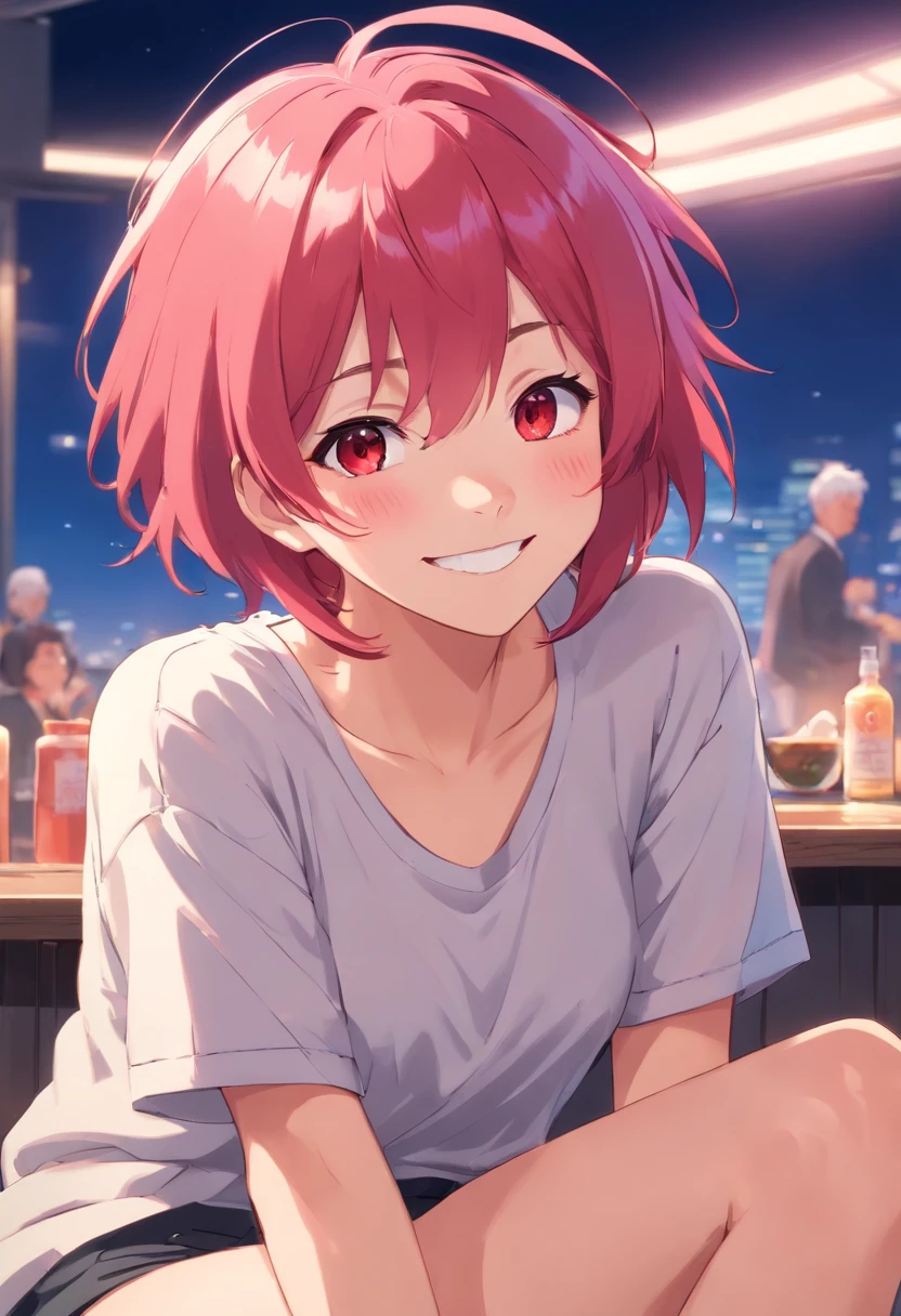 Anime girl smiling, pink hair, messy hair short hair, red eyes, cute face, sensual look, sit , looking at audience, sensual pose, J-cup