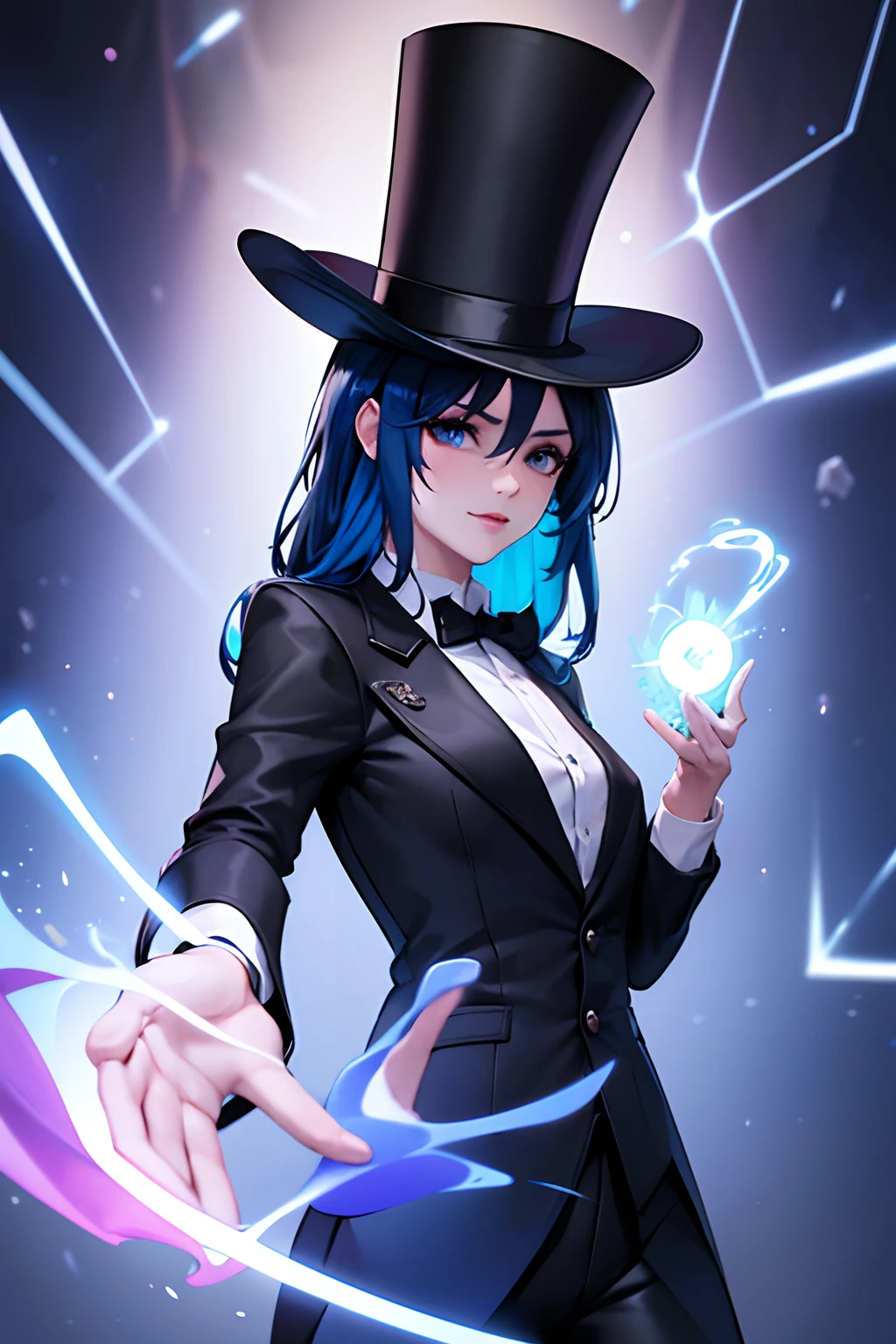 Girl, with daek blue hair, wearing black top hat, Top Hat, wearing blazer, Wizard Costume, black leggings, 4k, using magic in her hands, Looking at the Viewer, in a magic show setting, 4k, magical landscape, play master