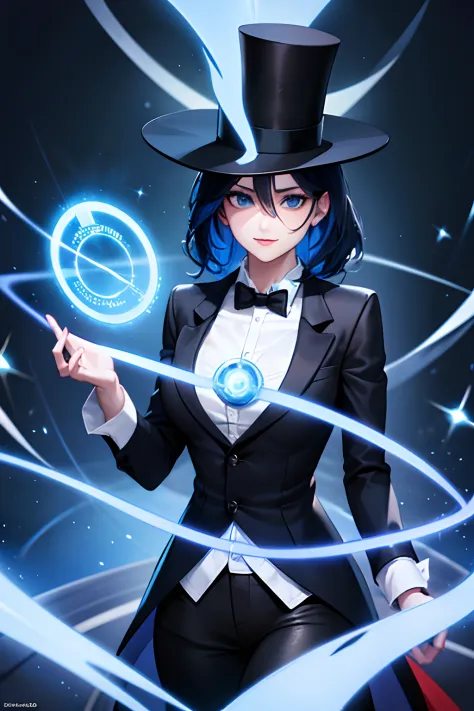 girl, with daek blue hair, wearing black top hat, top hat, wearing blazer, wizard costume, black leggings, 4k, using magic in he...