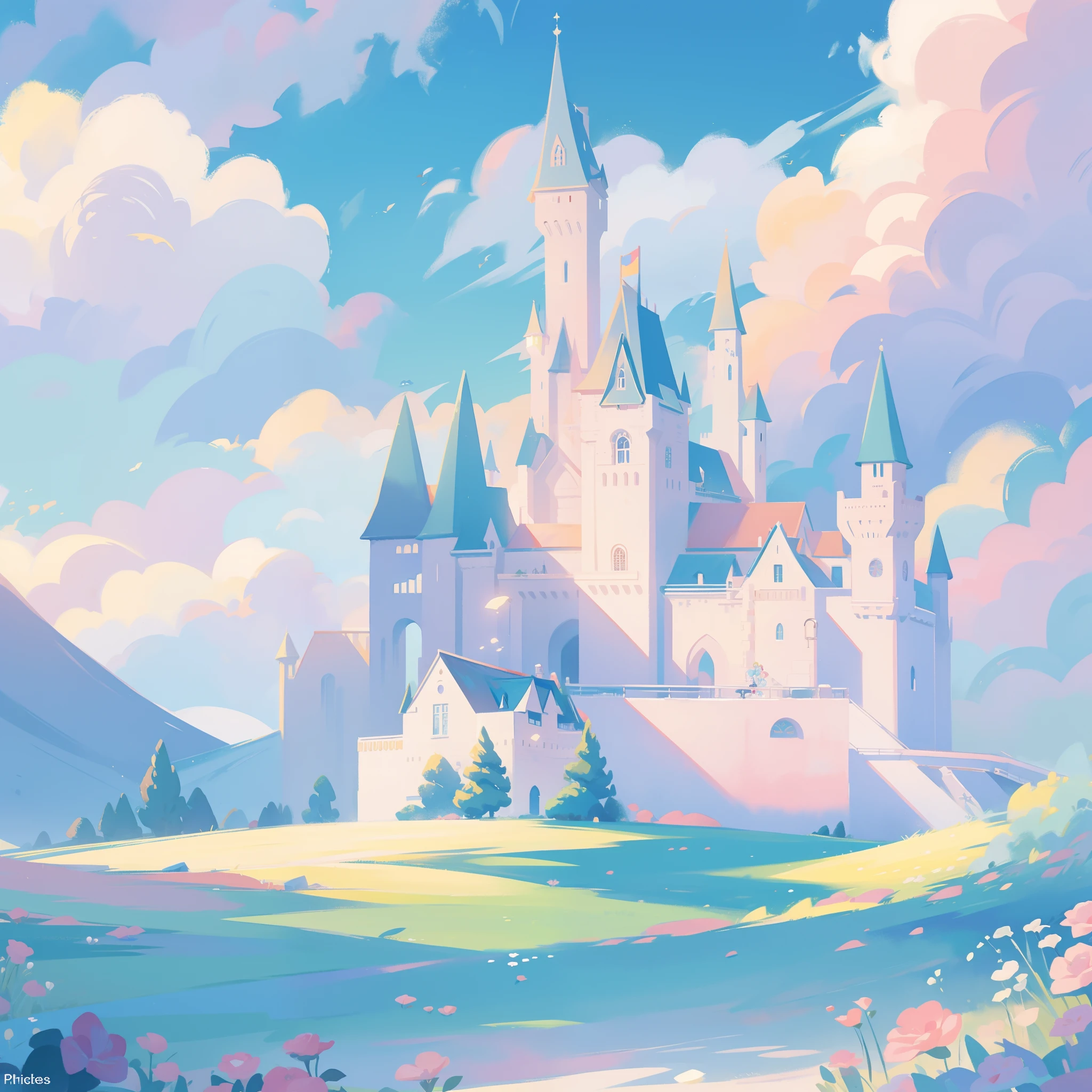 picture book illustration, watercolor storybook illustration, princess castle, fairytale castle, fairytale towers, clouds, vibrant pastel colors, dream, colorful, whimsical, magical, masterpiece, best quality, sharp focus, intricately detailed environment, fine detail, 8k resolution