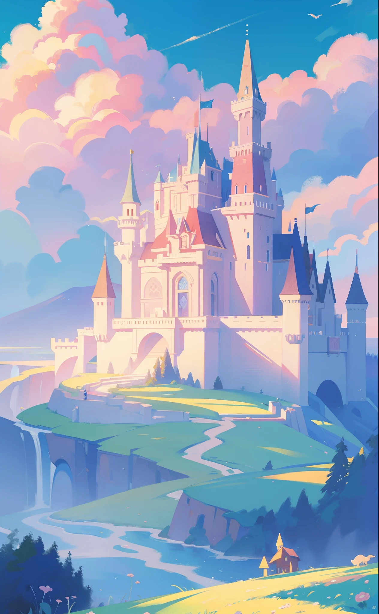 圖畫書插圖, 水彩故事書插圖, 公主城堡, 童話城堡, 童話塔, 雲, 鲜艳的柔和色彩, 梦, 豐富多彩的, 异想天开, 神奇, 傑作, 最好的品質, 銳利的焦點, 錯綜複雜的細節環境, 精細細節, 8k分辨率