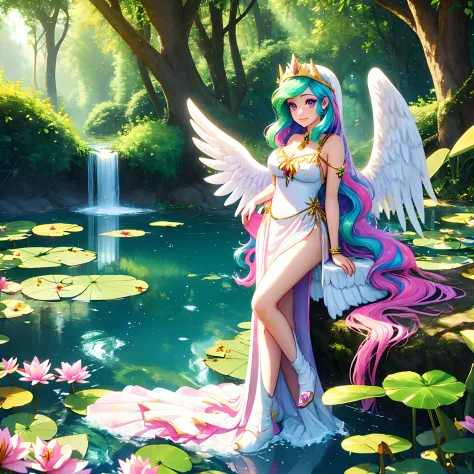 celestia, celestia from my little pony, celestia in the form of a girl, long wavy hair, pink eyes, lush breast, greek columns, o...