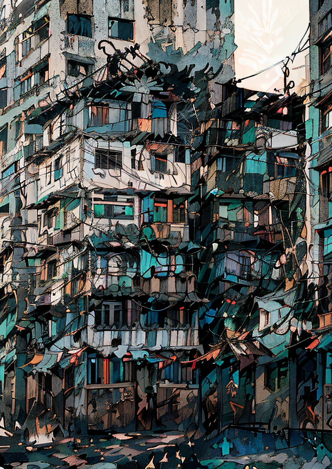muchas casas apiladas, arreglado, favela, Rio de Janeiro. Construcciones improvisadas. techos.tiendas de campaña. Cables eléctricos entrelazados. Paredes de ladrillo visto. Balcones pequeños. paredes de graffiti.