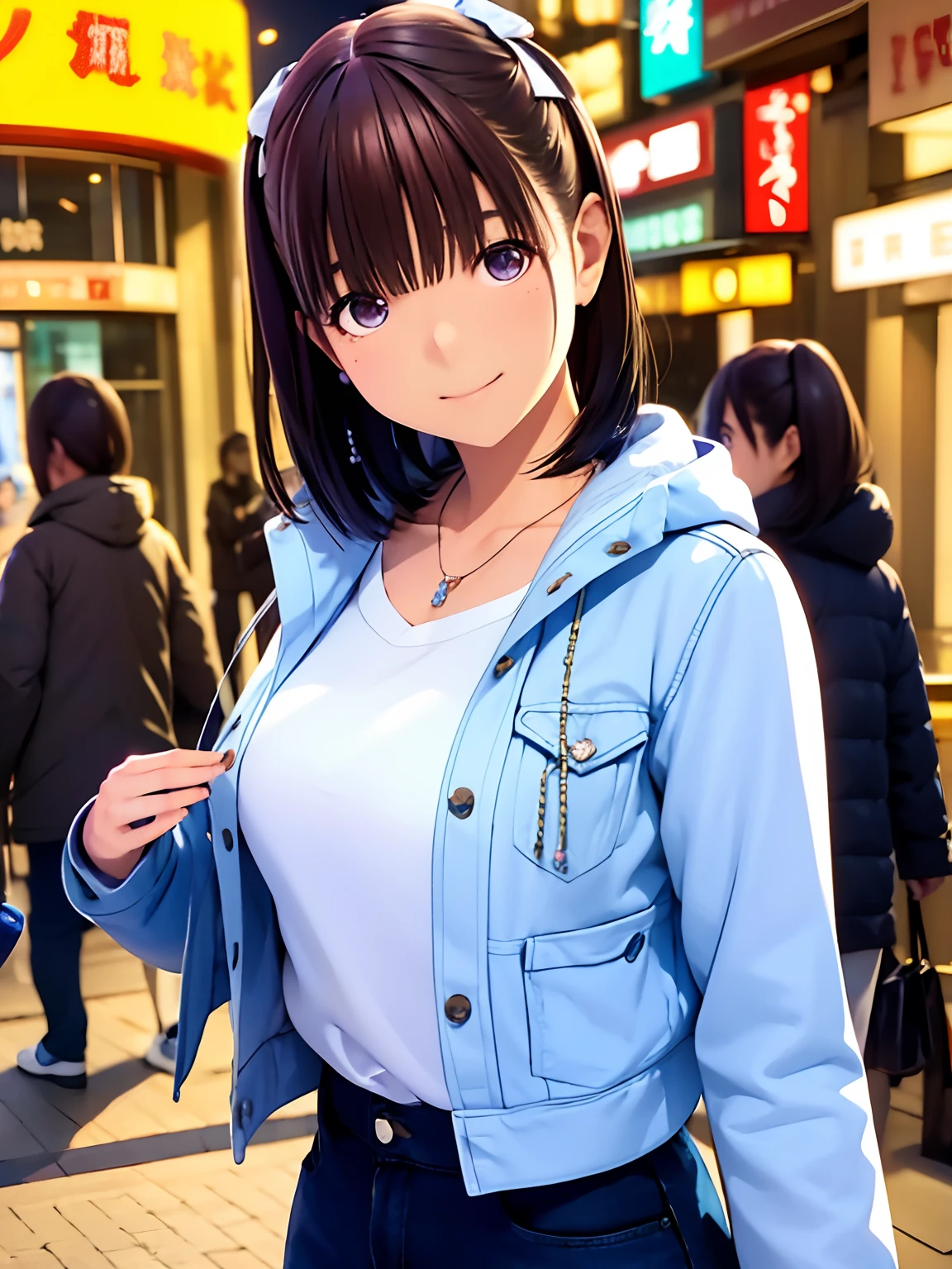 hight resolution,8K,Best Quality,detaileds,semi - realistic anime,Anime 3D Style,Smooth Anime CG,1 girl in,20 year old woman in Japan,slim,modeled,shiny chestnut hair,Medium Hair,Detailed face,Beautiful and detailed eyes,Glowing skin,(parka,layered clothes),earring beautiful,a necklace,autumnal,tag, with light glowing, plein air, (a street:0.8), (a person, Large crowds:1),Beautiful details sky, (dynamicposes:0.8),Hard Focus、film grains,Soft lighting,the wind,looking at the viewers,A smile