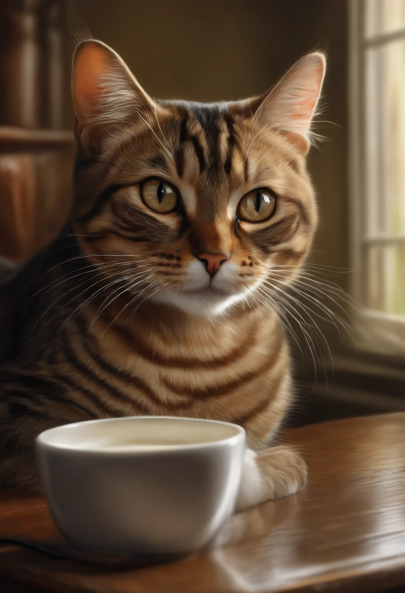 There was a cat sitting next to a glass of milk, cat drinking milk, Illustration of 1 cat, Ultra-Realistic Illustrations, Ultra-Realistic Illustrations, Hyper-realistic illustration, A cat. Realistic painting, author：Wayne England, Realistic illustration, Ultra-Realistic Illustrations, Portrait, Close portrait, Award-winning surrealism, author：Lisa Mirroy, by Galen Dara