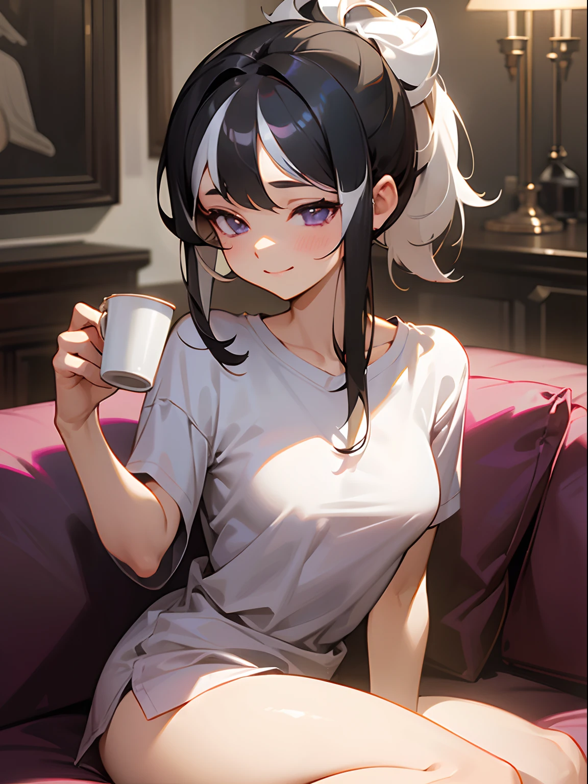 Anime girl sitting on a couch holding a cup of coffee - SeaArt AI