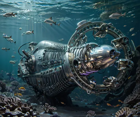Biomechanical style submarine cyborg, metallic gray color with purple details, Realistic metallic texture, this under the sea underwater effect realistic water, Ultra detailed, Hyper realistic, 4k, Ultra detailed image, realistic, Highly detailed, perfect ...