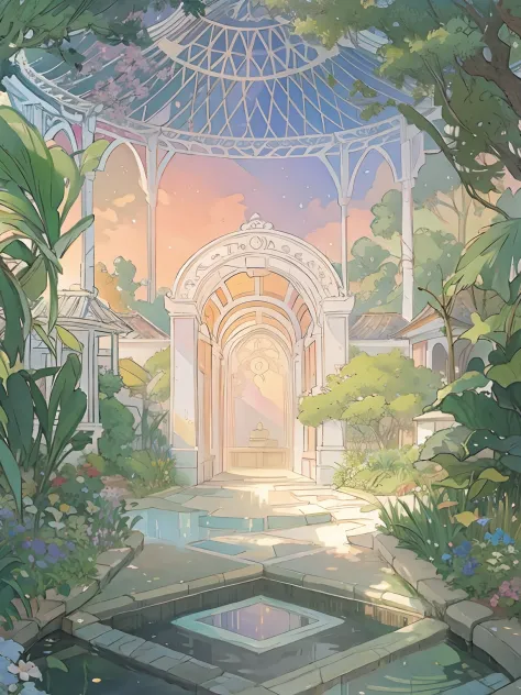 there is a painting of a garden with a gazebo and a pond, anime background art, anime scenery concept art, anime beautiful peace scene, beautiful anime scene, anime scenery, beautiful anime scenery, relaxing concept art, ross tran. scenic background, dream...
