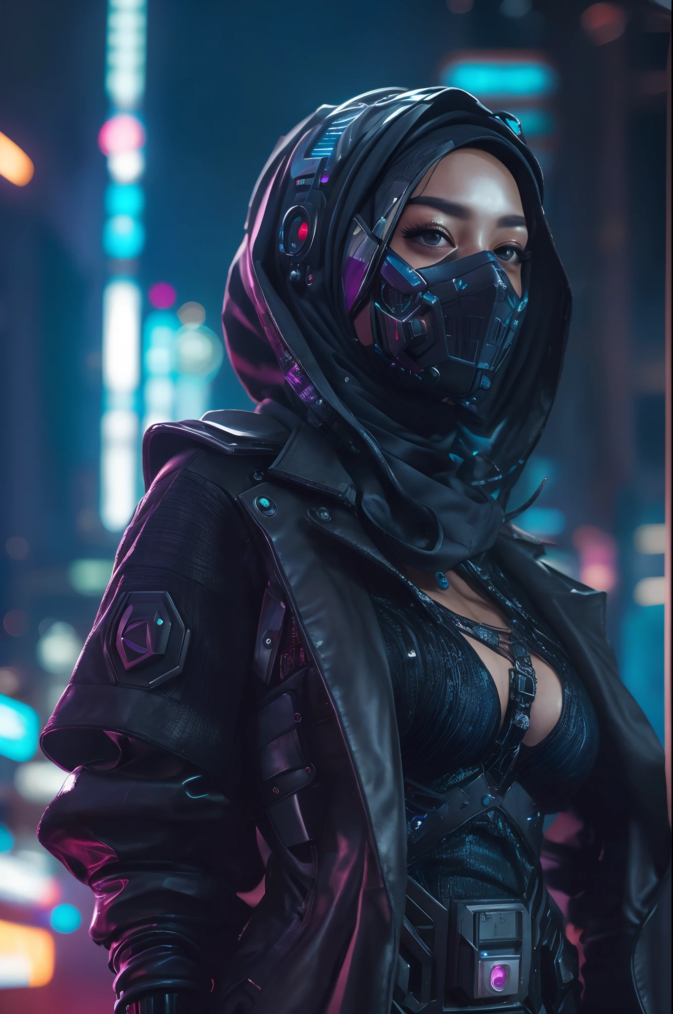 cyber punk malay Girl in hijab,(top-quality、8K、32K、​masterpiece)、(The ultra -The high-definition)、(Photorealsitic:1.4), dynamic pose, cowboy shot, cyberpunk fashion,depth of fields, cyberpunk city background, cinematic lighting.