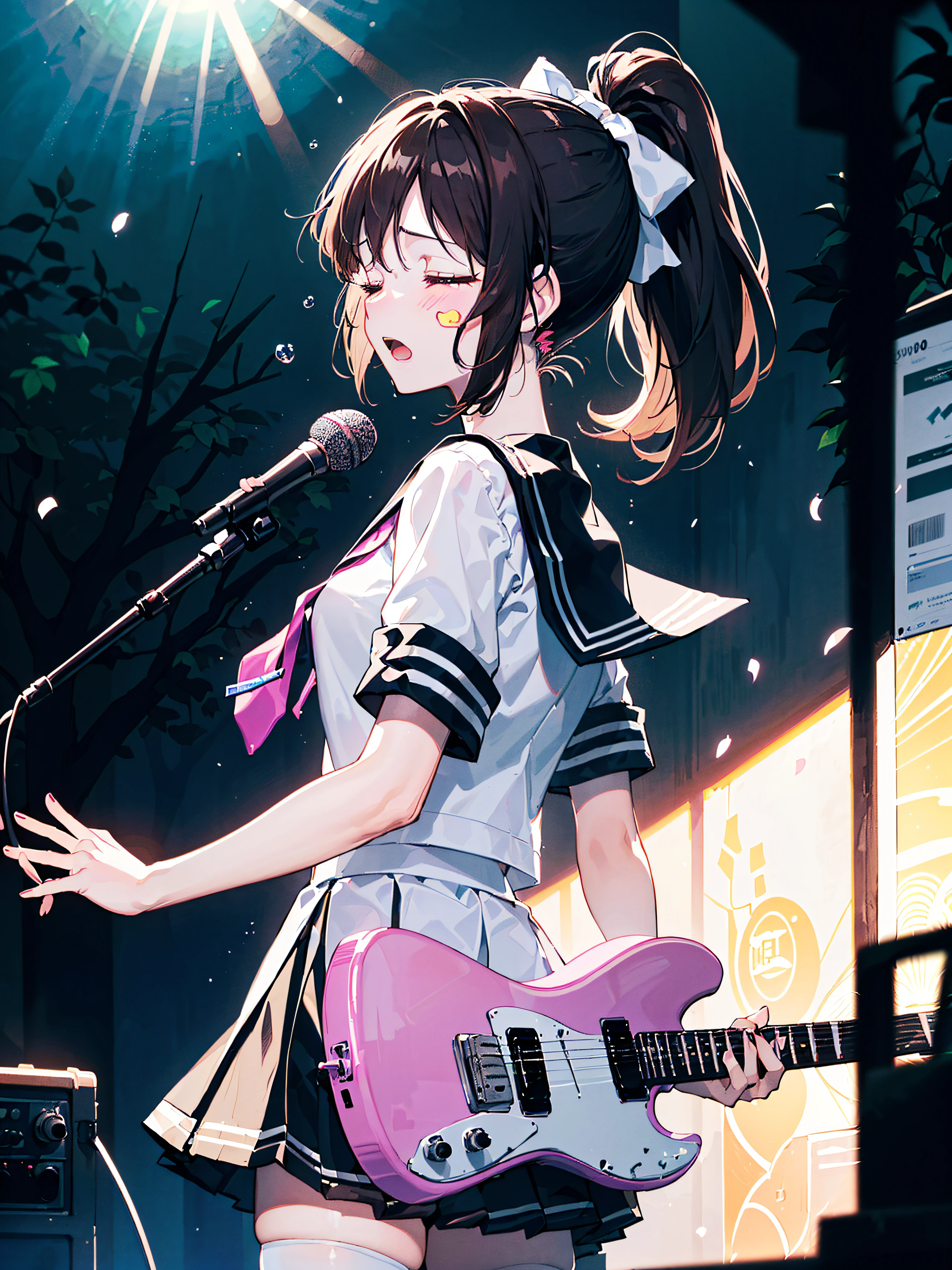 ((((Sharp focus，Vaporwave,Depression angle 30 degrees， closed eyes,opened mouth,blush stickers,))))((microphone,standing microphone,singing,fashion design,guitar,electric guitar,playing guitar,))(Masterpiece illustration,Beautiful and aesthetic:1.2,Dramatic composition：1.2), Best quality,Top quality, Epic quality,((forest,norwegian forest,raining,raind,)(Sun glare, Bokeh, Depth of field, The background is blurred out, Light particles, neo-classical, OP Art, god light,))Neat face,underage,Young,Beautiful detailed hair，brown hair，hyper HD, retinas, Textured skin, A high resolution, 16k ，((ponytail,long hair,Large bow on ponytail)),Detailed face, 1JK, 1girll,Solo, Perfect face, Very amazing girl,(black sailor uniform,White sailor tie at front,zettai ryouiki),The light from the back window is backlighted,rim-light,