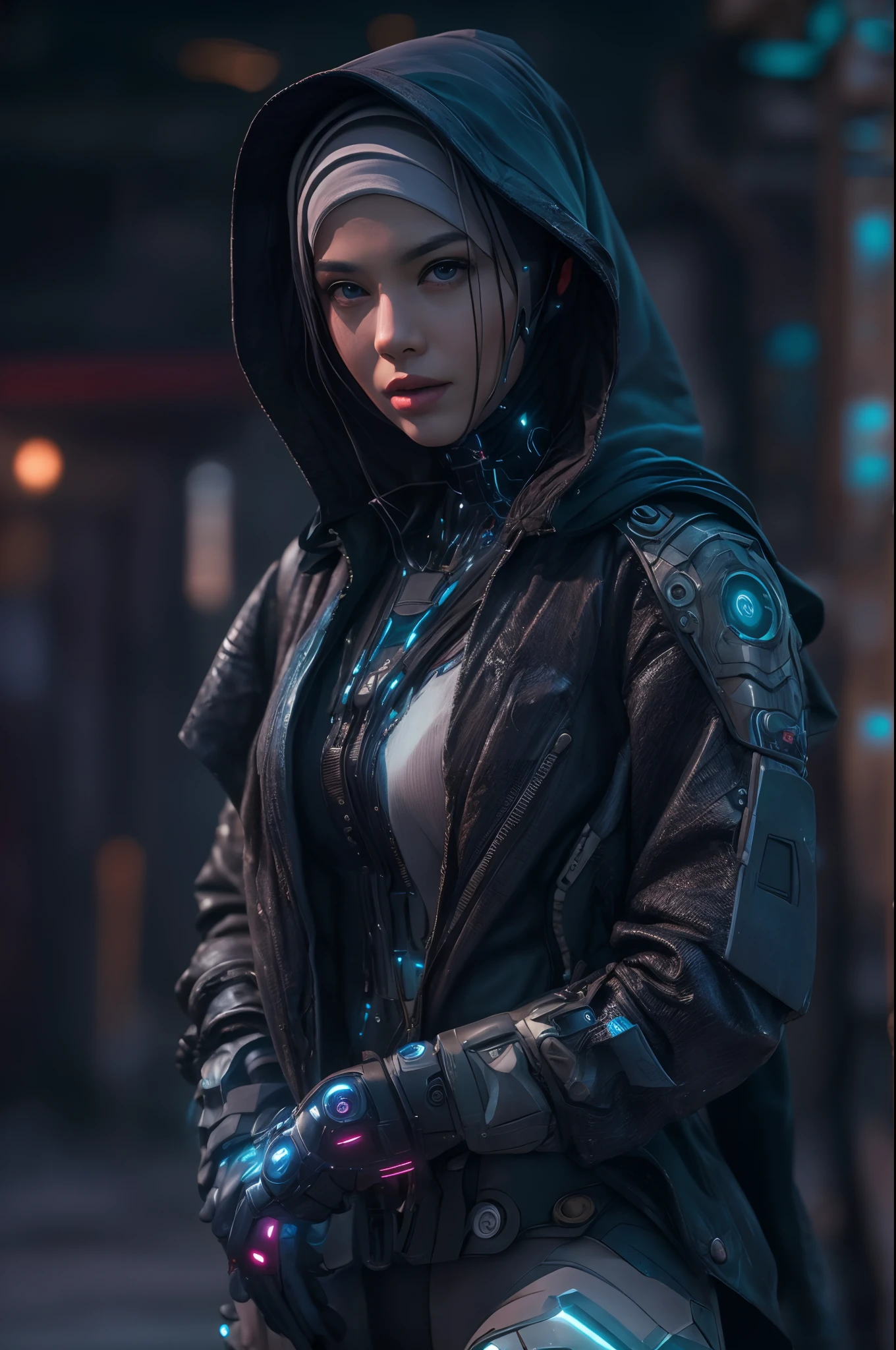 cyber punk malay Girl in hijab,(top-quality、8K、32K、​masterpiece)、(The ultra -The high-definition)、(Photorealsitic:1.4), dynamic pose, cowboy shot, cyberpunk fashion,depth of fields, cyberpunk city background, cinematic lighting.