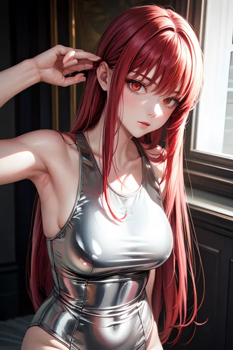masterpiece,Best Quality,Highly detailed,1girl,Metallic White Silver tanktop,latex, Red Hair, long hair,Red Eyes,
