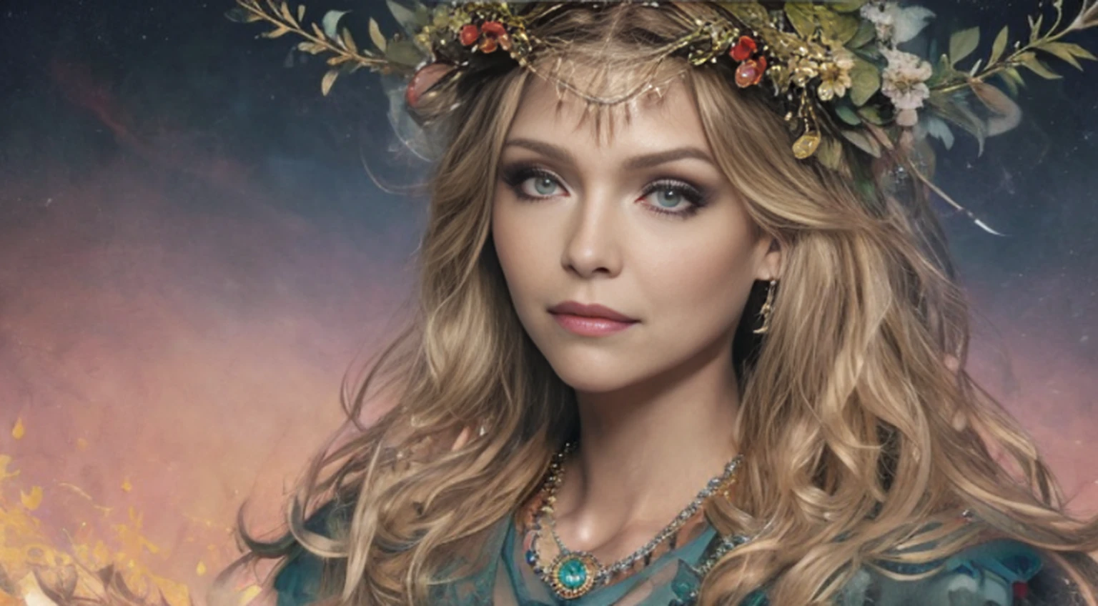 A woman with a wreath on her head and a necklace, Full-body and middle-aged clothing, retrato bonito da fantasia, retrato bonito da arte da fantasia, retrato da fantasia, retrato da arte da fantasia, donzela da fantasia bonita, retrato bonito, Fantasy genre portrait, arte do retrato da fantasia, wlop intrincado, arte digital bonita, arte da fantasia bonita, donzela bonita, retrato do romantismo, ross tran 8 k, retrato muito bonito, imagem de retrato bonito