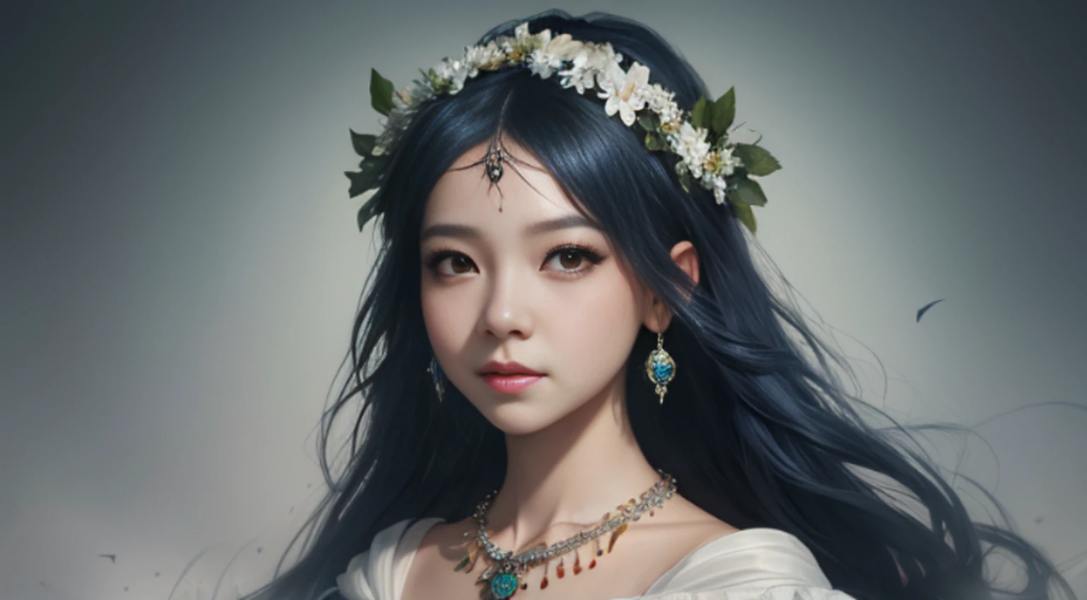 A woman with a wreath on her head and a beautiful necklace, Image of a full-length woman and clothes from the Middle Ages, retrato bonito da fantasia, retrato bonito da arte da fantasia, retrato da fantasia, retrato da arte da fantasia, donzela da fantasia bonita, retrato bonito, Fantasy genre portrait, arte do retrato da fantasia, wlop intrincado, arte digital bonita, arte da fantasia bonita, donzela bonita, retrato do romantismo, ross tran 8 k, retrato muito bonito, imagem de retrato bonito