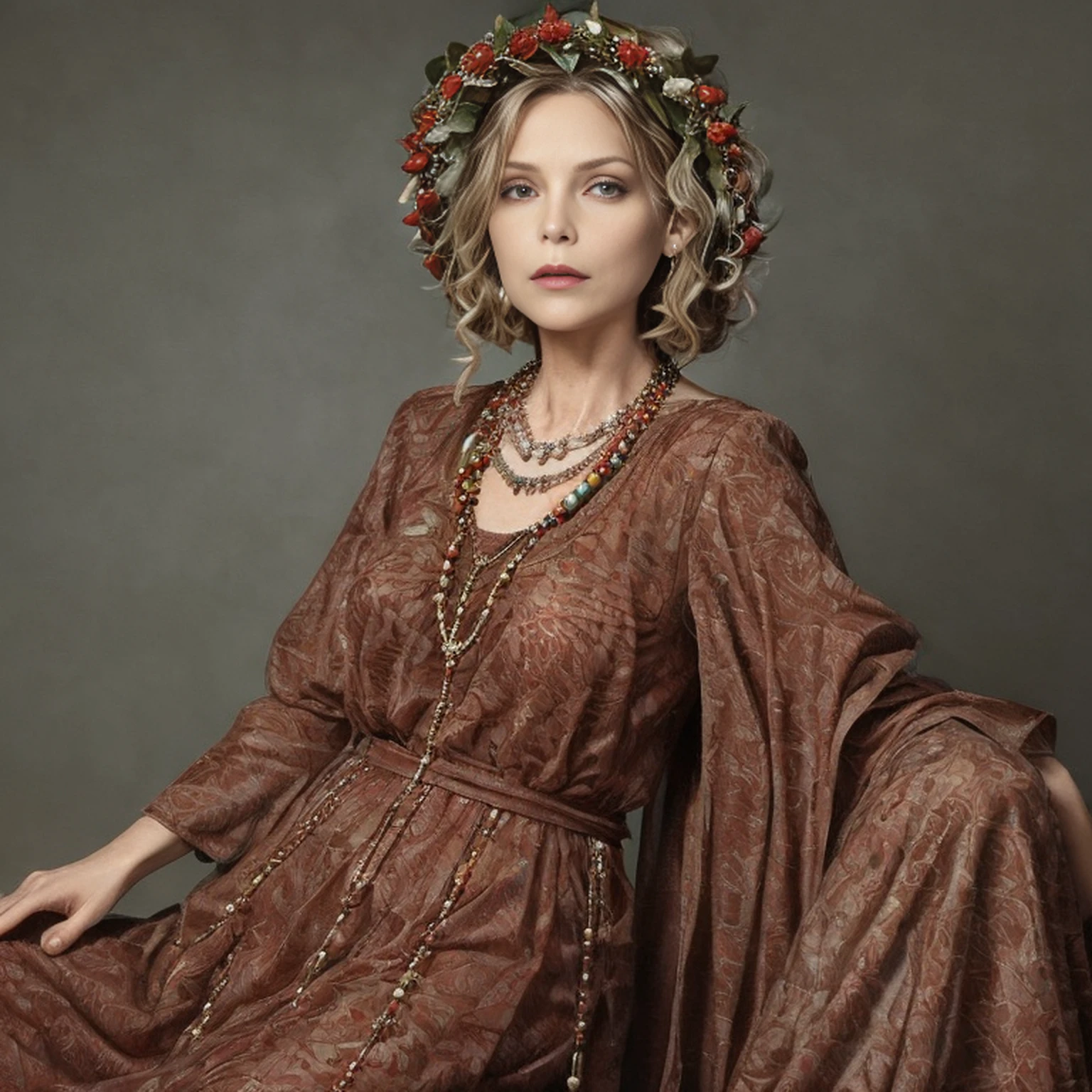 A full-length woman in middle-aged clothes, A woman with a wreath on her head and a beautiful necklace,