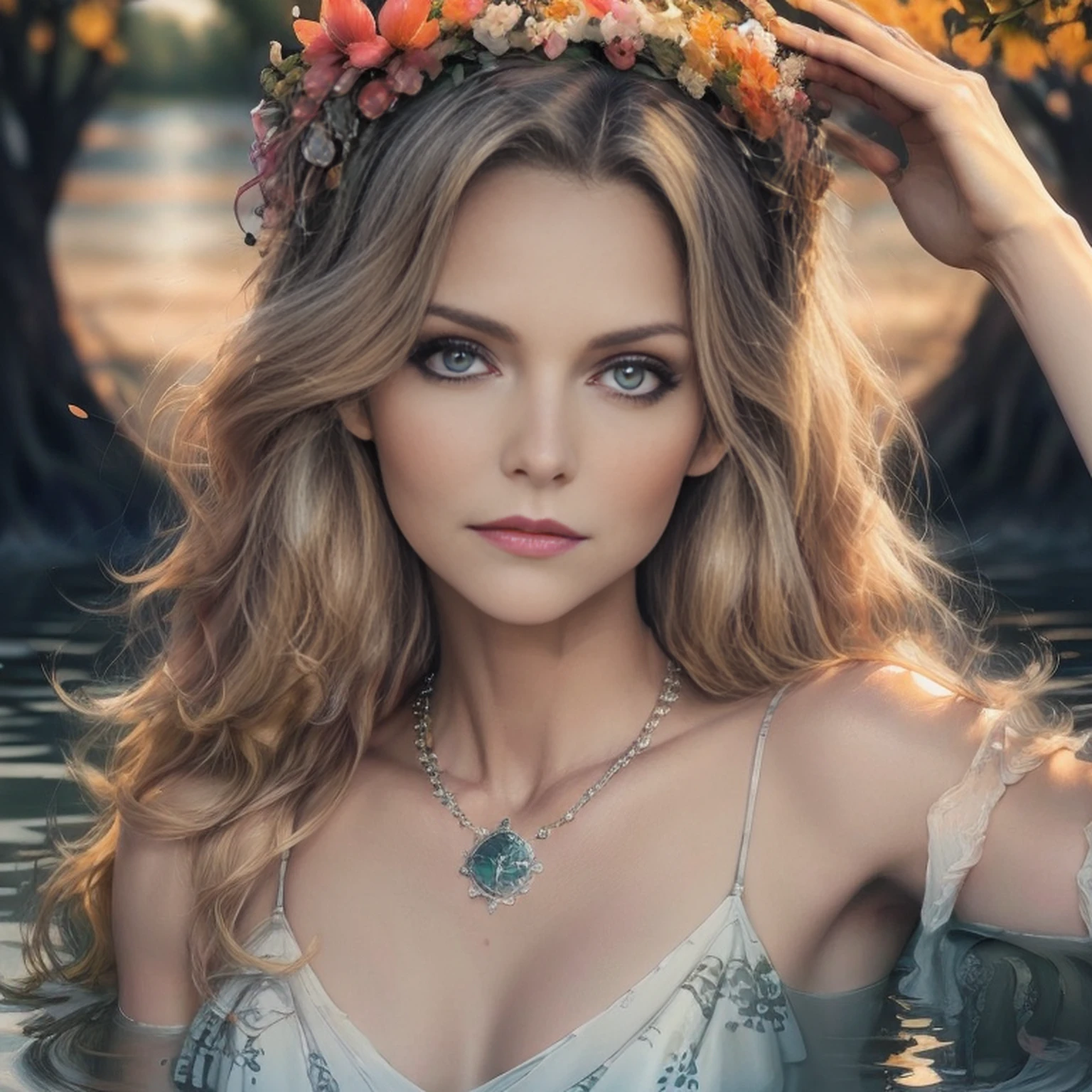 A full-length woman with a wreath on her head and a beautiful necklace,  (melhor qualidade,4k,8k,Altas,master part:1.2),ultra-detalhado,(Realistic,fotorrealista,photo-realistic:1.37),Monochromatic watercolor:1.2,escala de cinza:0.9,Tranquil courtyard,cores suaves,piscina serena,flores vibrantes florescendo,atmosfera tranquila,sol abafado,Brisa suave,rippling water,serenidade,tons suaves,sombras sutis,Textured watercolor strokes,ambiente tranquilo,folhagem exuberante,harmonious composition,delicate petals,quietude,relaxed atmosphere,calma,tons terrosos,Tranquil Haven,Fuga serena,paleta moderada,dim lighting,Reflective surface,Natureza sussurrando,Tranquil Getaway,dreamlike quality,retiro calmante,ambiente calmante,melancholic mood.