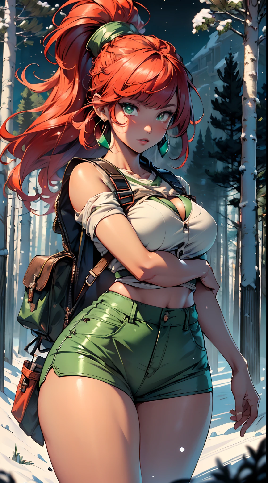 explorer girl,1girl,((extremely cute and beautiful red haired explorer girl)),(((18 years old))),(large breasts:1.4),((((red hair:1.35,absurdly long unkempt hair,ponytail red hair,bangs,colored inner hair,ear breathing)))),(((green_eyes:1.3))),intricate eyes,beautiful detailed eyes,symmetrical eyes,((((lustrous skin:1.5,tanned skin,bright skin:1.5,skin tanned,shiny skin,very shiny skin,shiny body)))),(spider lower abdomen,narrow waist,wide hip,athletic body,inflated legs,detailed body,(detailed face)),

cute,slutty,seductive,erotic,(nsfw),

(khaki shorts, khaki shirt some buttons undone, large thighs),several earrings,(explorer),(((tight clothes,reduced clothing,tiny shorts:1.3))),((wearing large and heavy backpack)), ((explorer clothes)), (khaki clothes),

(dynamic pose:1.0),embarrassed,(centered,scale to fit dimensions,Rule of thirds),

((snowy pine forest at night)), with dark stormy clouds,winter,scenery:1.25,((snow forest background)),Christmas tree,

highres,sharp focus,(ultra detailed,extremely detailed),(photorealistic artwork:1.37),(extremely detailed CG unity 8k wallpaper),(((vibrant colors,vibrant theme))),(intricate),(masterpiece),(best quality),