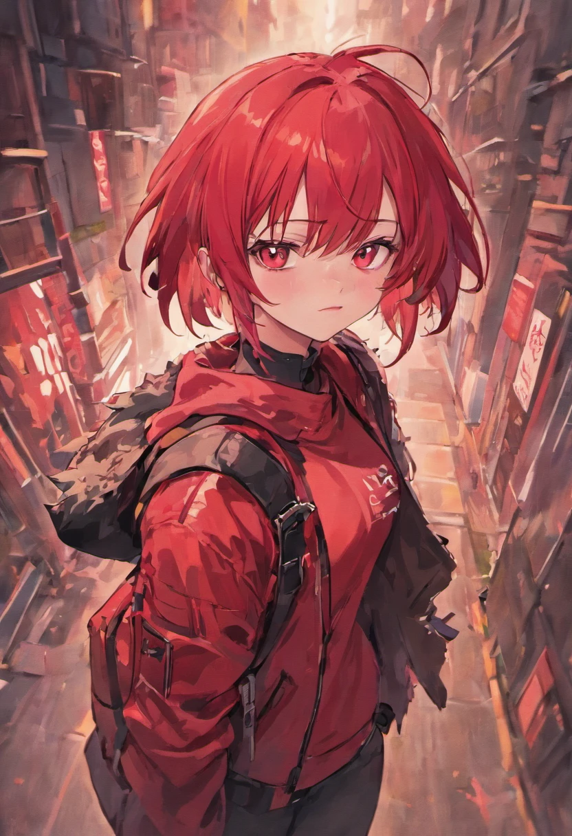 Anime girl with red hair and backpack in a city - SeaArt AI