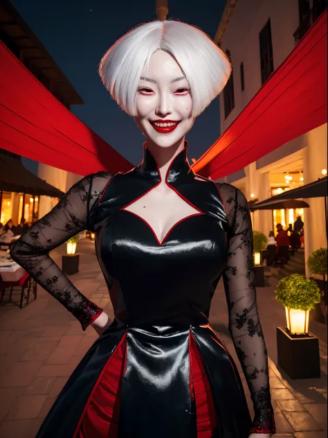 aki,  white hair,  mole under mouth ,  red eyes, red lips, 
black dress, pelvic curtain, hips,    long sleeves,  covered ,  
sta...