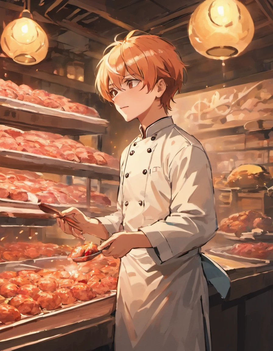 Симпатичный мальчик, молодой и многообещающий мужчина-повар, стоящий перед прилавком，Приготовление домашних фрикаделек из говядины