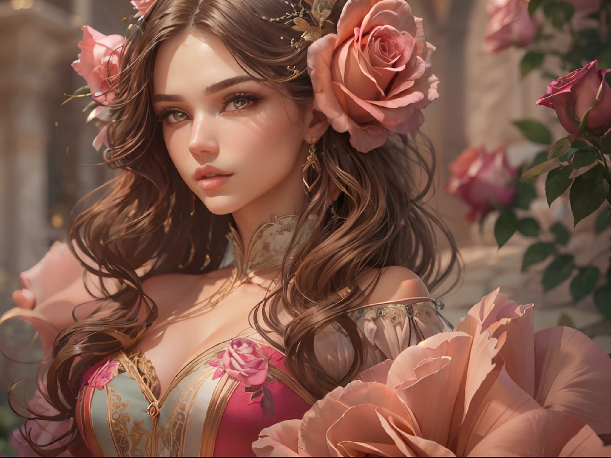 This is realistic fantasy artwork set in the castle's enchanted rose garden. Generate a proud woman with a highly detailed face dressed in the billowing folds of a stunning French silk ballgown. The woman's sweet face is ((((highly detailed, with realistic features and soft, puffy lips.))))  The ballgown is embellished with ruffles, sashes, and bows and a delicately, but intricately, hand-embroidered bodice. The corset features silk ribbon. The woman's stunning eyes are beautifully detailed, featuring realistic shading and multiple colors and high resolution. The woman is in a garden of eternal roses, each one beautifully formed and highly detailed. These realistic roses feature shimmering shades of pink, yellow, orange, and glimmering red. The eternal rose is a deep shade of red with shimmering pink overtones and undertones. Ensure that the woman's face, hair, and eyes are perfect. realism, high fantasy, whimsical fantasy, storybook fantasy, fairytale fantasy, fantasy details, enchanting, bewitching, 8k, hires, cgi, digital painting, unity, unreal engine, (((masterpiece))), intricate, elegant, highly detailed, majestic, digital photography, art by artgerm and ruan jia and greg rutkowski, (masterpiece, finely detailed beautiful eyes: 1.2), hdr, realistic skin texture, (((1woman))), (((solo))), Include a highly detailed face, extremely detailed face, and interesting background.