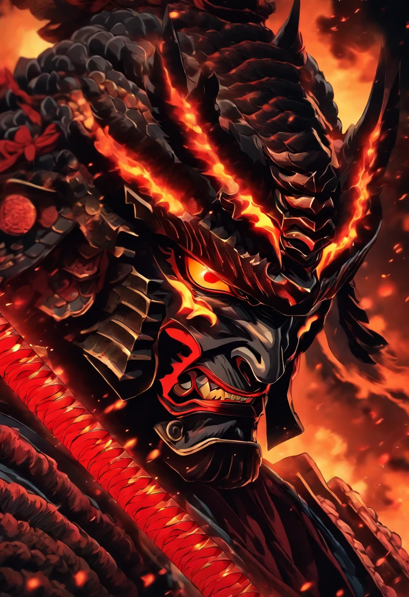Demon with glowing red eyes wearing an ancient Japanese shogun armor with helmet standing in a battle stance ready to draw his blade