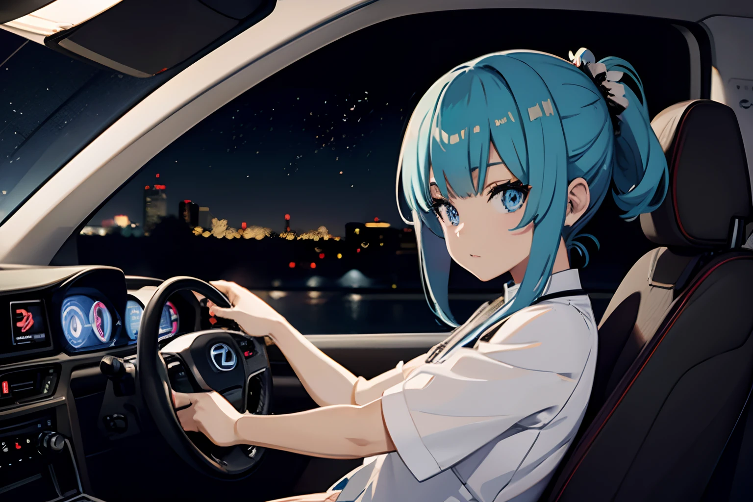 anime girl driving car, interior of JDM Lexus LC, POV from passenger seat, looking at driver, anime girl driving, nighttime,