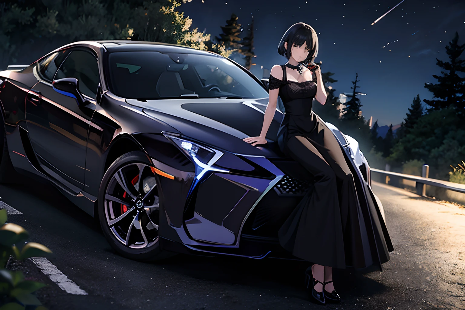 anime girl, anime girl wearing black dress, anime girl leaning on side of Lexus LC, girl detailed face, under a streetlight, vending machine  in background, at nighttime, forest in background, in a forest, masterpiece, highest quality