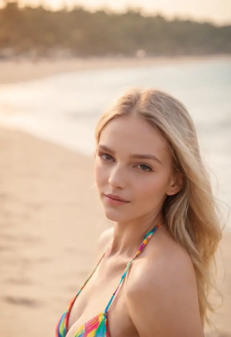 A beautiful thin girl with long blonde hair, in the beach wearing a colorful bikini, Hot thin body flat belly big boob's, beautiful realistic