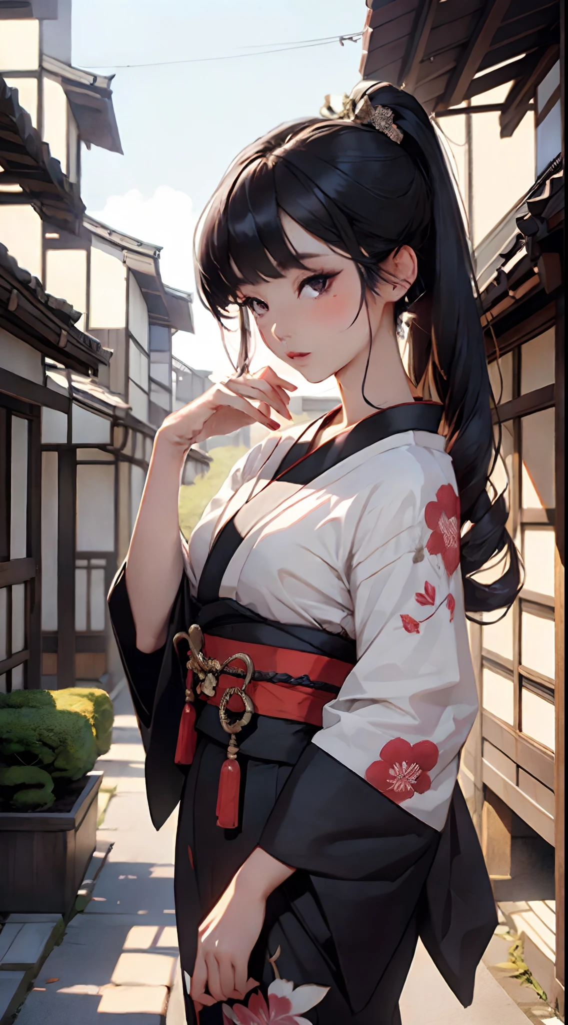 ((traditional japanese art)), 1woman, (mature female:1), black hair, long hair, (geisha), small breasts, (geisha clothing), (geisha makeup), collarbone, elegant pose, japanese village, scenery, (masterpiece), (best quality),