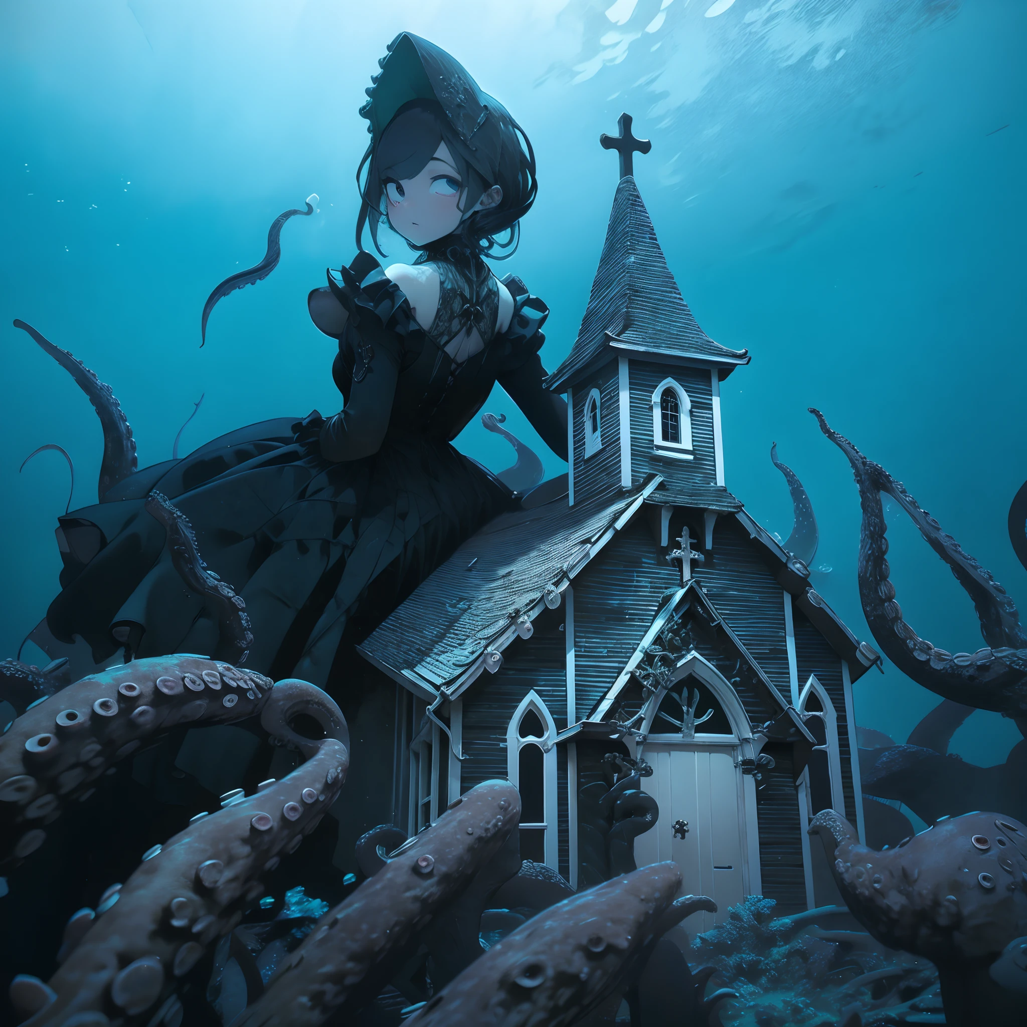 Undersea Church. She's a girl leaning out from behind the church. She's a huge girl. She wears a gothic dress. Tentacles enveloping the church.