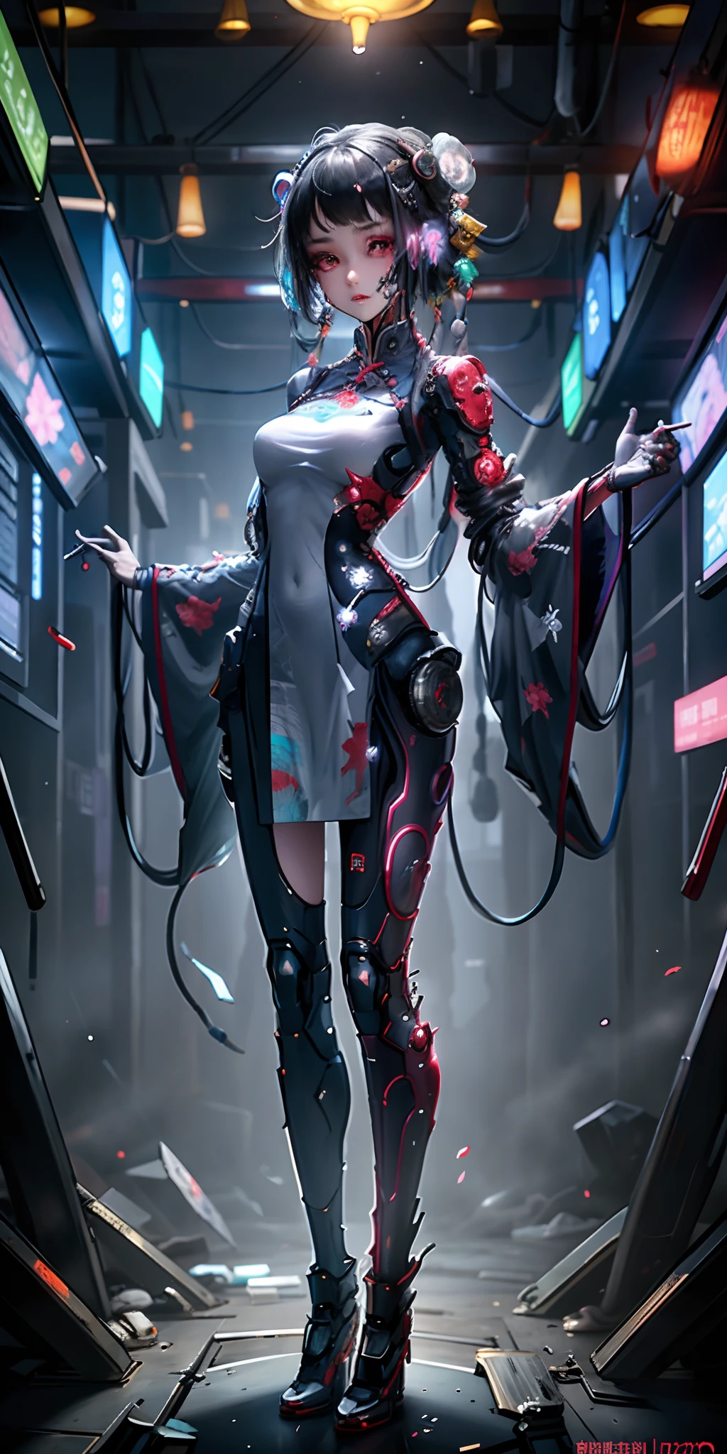 A girl, full body, clear facial features, amazing facial features, beautiful eyes, ancient Chinese clothing, Chinese cyberpunk, cyberpunk city headwear, hair accessories