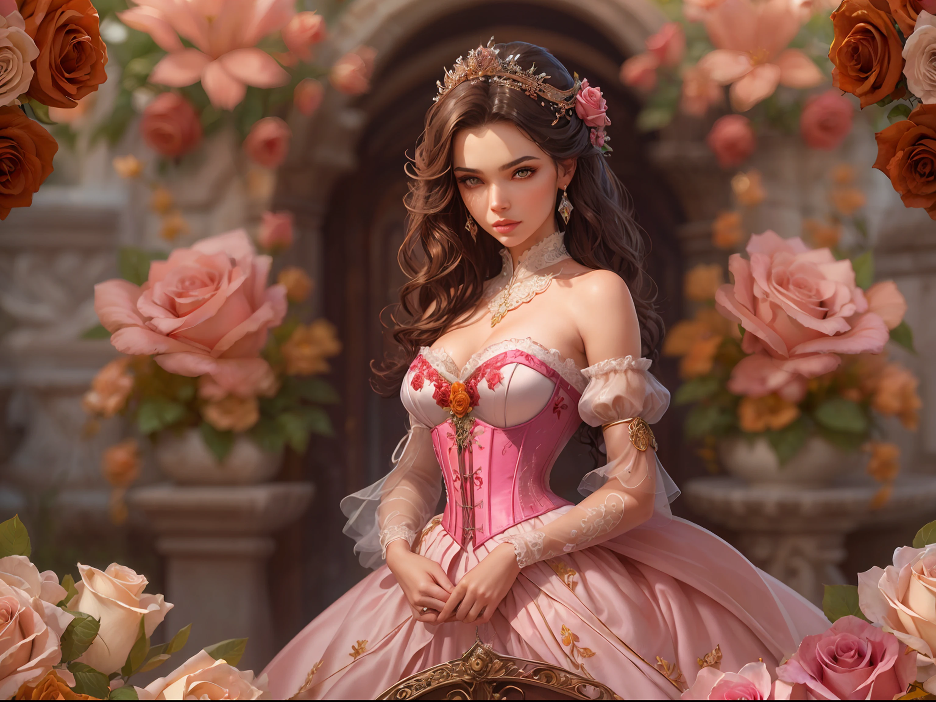 This is realistic fantasy artwork set in the castle's enchanted rose garden. Generate a proud woman with a highly detailed face dressed in the billowing folds of a stunning French silk ballgown. The woman's sweet face is ((((highly detailed, with realistic features and soft, puffy lips.))))  The ballgown is embellished with ruffles, sashes, and bows and a delicately, but intricately, hand-embroidered bodice. The corset features silk ribbon. The woman's stunning eyes are beautifully detailed, featuring realistic shading and multiple colors and high resolution. The woman is in a garden of eternal roses, each one beautifully formed and highly detailed. These realistic roses feature shimmering shades of pink, yellow, orange, and glimmering red. The eternal rose is a deep shade of red with shimmering pink overtones and undertones. Ensure that the woman's face, hair, and eyes are perfect. realism, high fantasy, whimsical fantasy, storybook fantasy, fairytale fantasy, fantasy details, enchanting, bewitching, 8k, hires, cgi, digital painting, unity, unreal engine, (((masterpiece))), intricate, elegant, highly detailed, majestic, digital photography, art by artgerm and ruan jia and greg rutkowski, (masterpiece, finely detailed beautiful eyes: 1.2), hdr, realistic skin texture, (((1woman))), (((solo))), Include a highly detailed face, extremely detailed face, and interesting background.