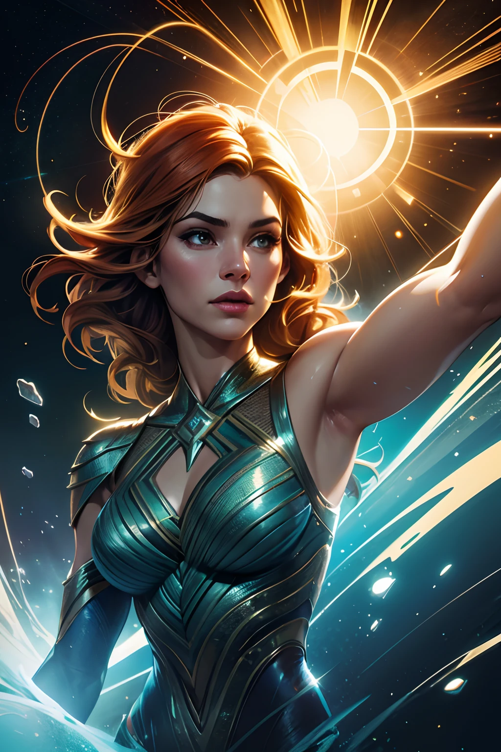 Movie Scene, close-up da Mulher vestida como Aquaman da DC, distorted space, mortos-vivos distorcidos no fundo, Flares da lente, eixos leves, detalhes intrincados, altamente detalhado, Volumetric lighting, 4k render, Foto de Stock, hyper-realistic, texturas realistas, dramatic lighting, Motor irreal