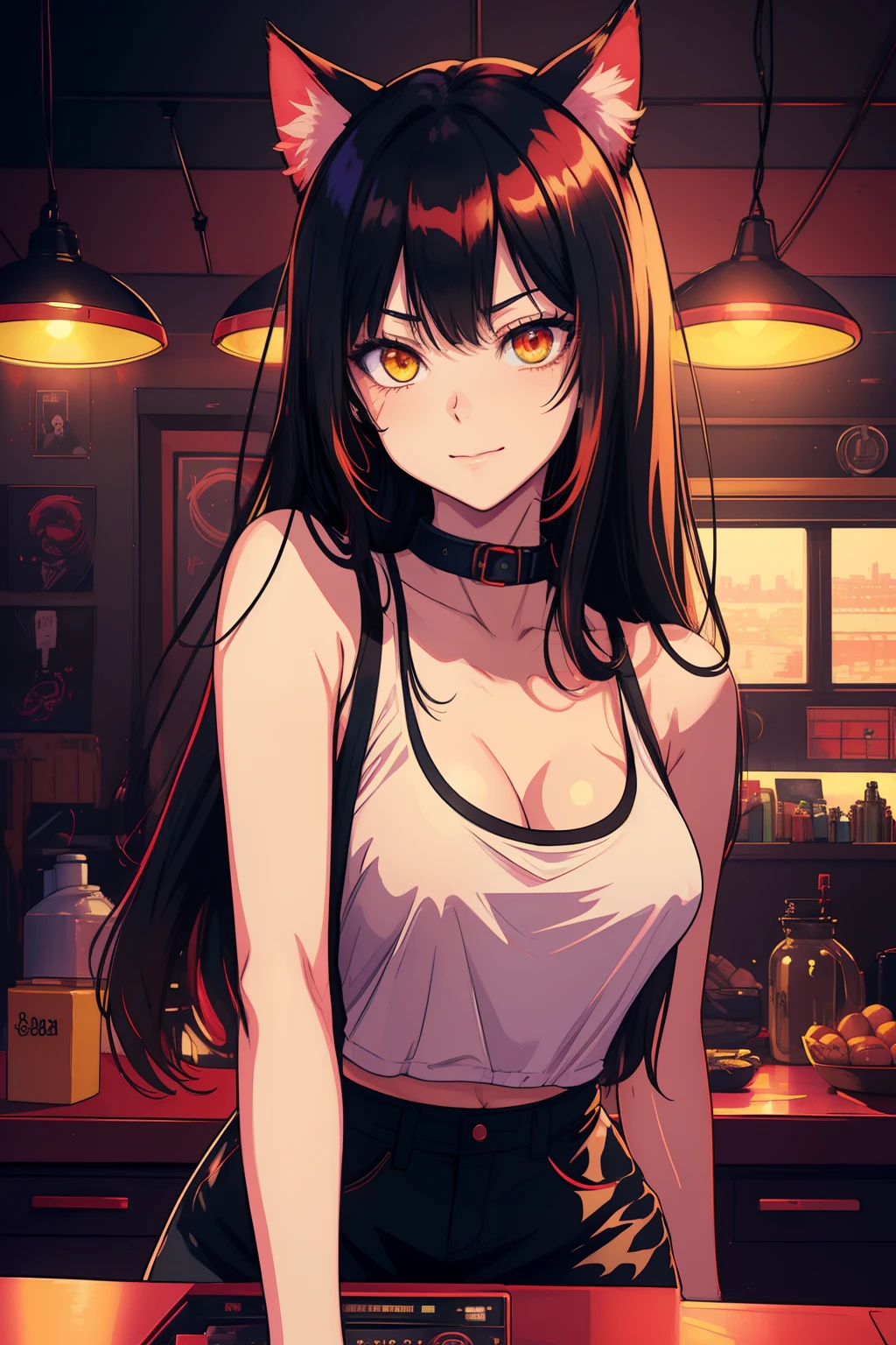 (((Portrait))), (NSFW, slim body), (best quality, 4k, 8k, high-res, ultra-detailed, anime style, pastel), catgirl, long black hair, yellow glowing eyes, looking at viewer, smug, slightly smiling, collar, aesthetic, vaporwave interior, red lightning, red interior, succubus, red light, dark red lights, tank top