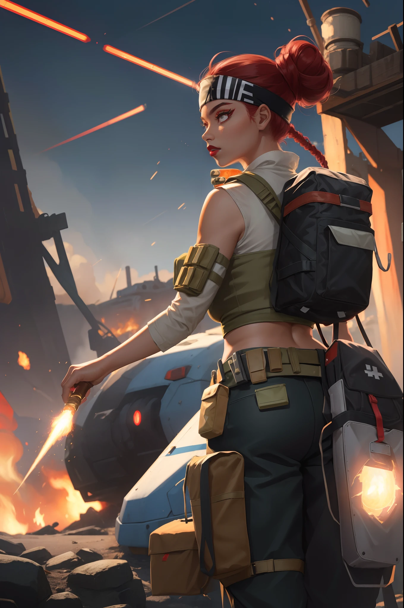 (masterpiece:1.4), (best quality:1.2), 1girl, lifeline (apex legends), dark-skinned female, intense gaze, detailed eyes, beautiful detailed lips, vibrant red lipstick, long eyelashes, confident expression, black headband with medical cross symbol, loose hair bun, red hair cascading down her back, fitted black crop top, short detached sleeves, black pants, utility belt with pockets, combat boots, mask around neck, intricate patterns on mask, red and white color scheme, glowing red energy lines surrounding her body, intense battlefield backdrop, sparks flying in the air, dynamic pose