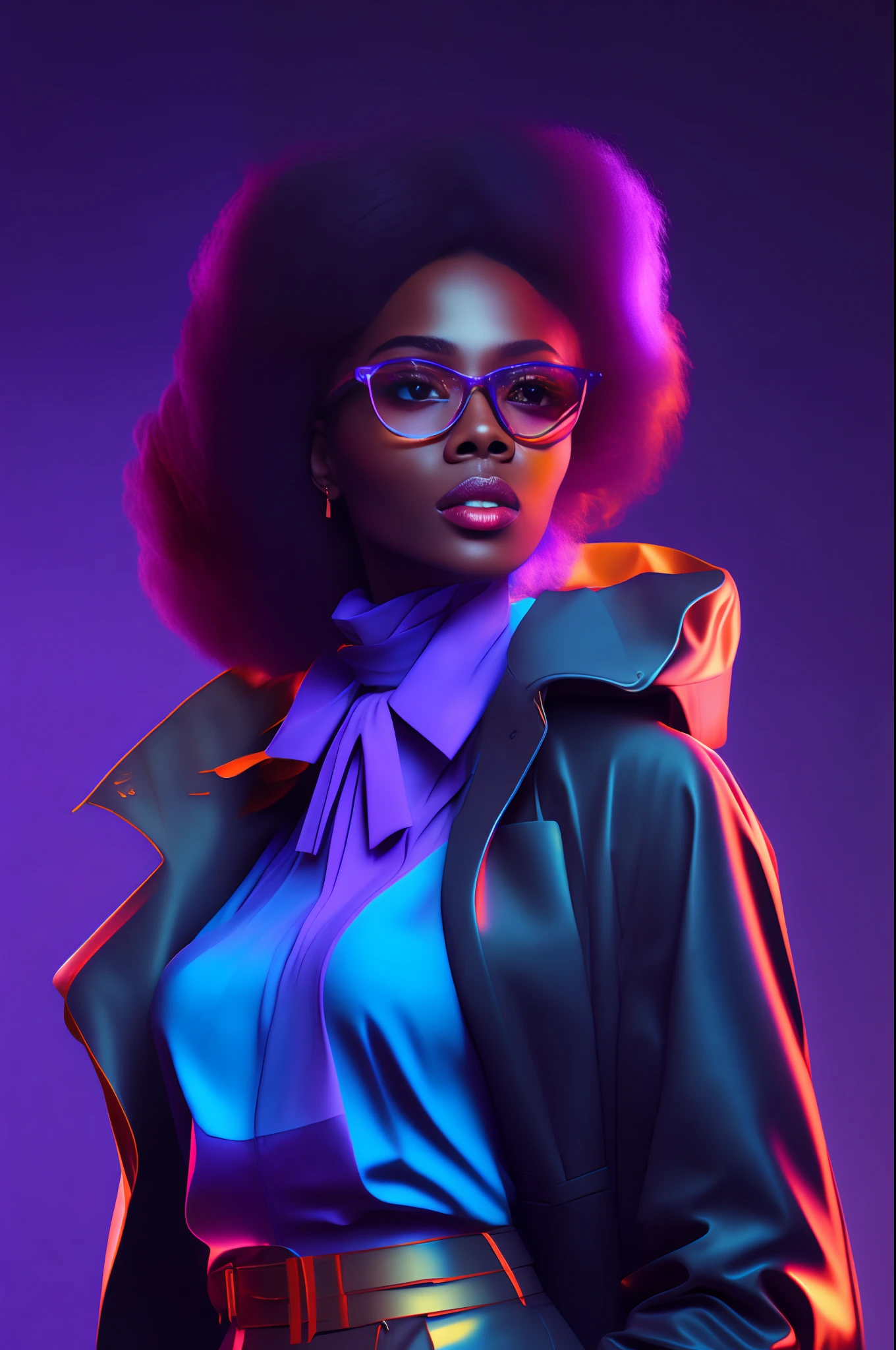 ( Ganzkörper-Fashionista-Bild einer afrikanischen Frau mit einer Brille,Jacke und Krawatte,( Moikano-Haare)  Gut geschnitten, an den Seiten im 90er-Jahre-Stil rasiert, und Ohrringe, hohe Textur, Porträt-Farb-Glamour, detailliertes Porträt, hochwertiges Porträt, Neonfarbenausblutung, farbenfrohes Porträt, Studioporträt , Kerne ultravioleta e neon, Illustration,  scheinen, gottverdammt, leihen, 8k, Octan-Render, Kino 4D, Mixer, Globale Beleuchtung im Gesicht, Ultradetaillierte, atmosphärische 8K, filmisch sinnlich, scharfer Fokus, humorous Illustration, große Schärfentiefe, erstes Werk, Kerne, 3d octane render, 4k, Konzeptkunst,  Trends bei Artstation, Hyperrealistisch, Kerne pastel, Leuchtring, Extrem detailliertes CG Unity 8k-Hintergrundbild, Trends bei Artstation, Trend in der CG-Gesellschaft, Pop-Art-Stil von Tom Nulens, kompliziert, hohe Detailgenauigkeit, Beleuchtung dramatisch, Hochdetaillierte Neonhintergründe, dramatisch , Pure Energie, Lichtteilchen, Science-Fiction