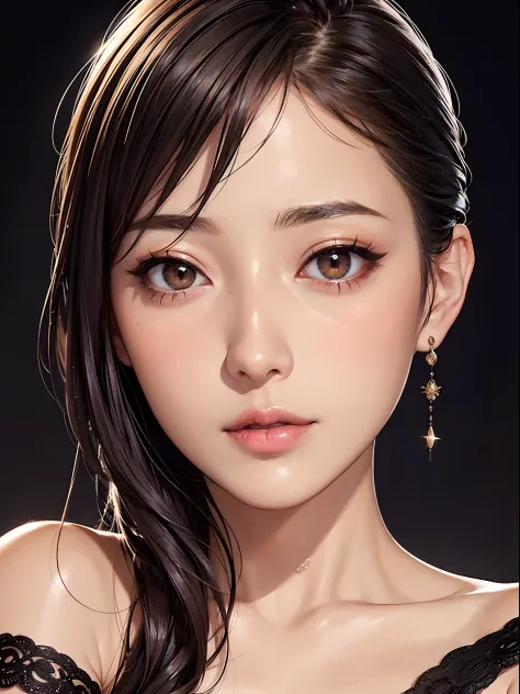 1girl, face portrait, close up, neck and shoulder clearly visible, no jewelry, no accessory, in the night, (extremely dark:1.2), super crisp eyelash details, ultra eye detail, (blushed face:1.2), (shiny skin:1.2), bumpy and buffed body,     (Masterpiece:1....