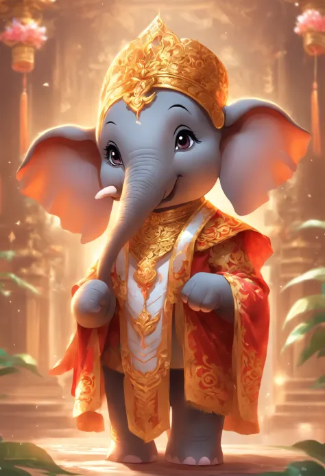 A cute young elephant Wear the royal Thai costume. Thai atmosphere